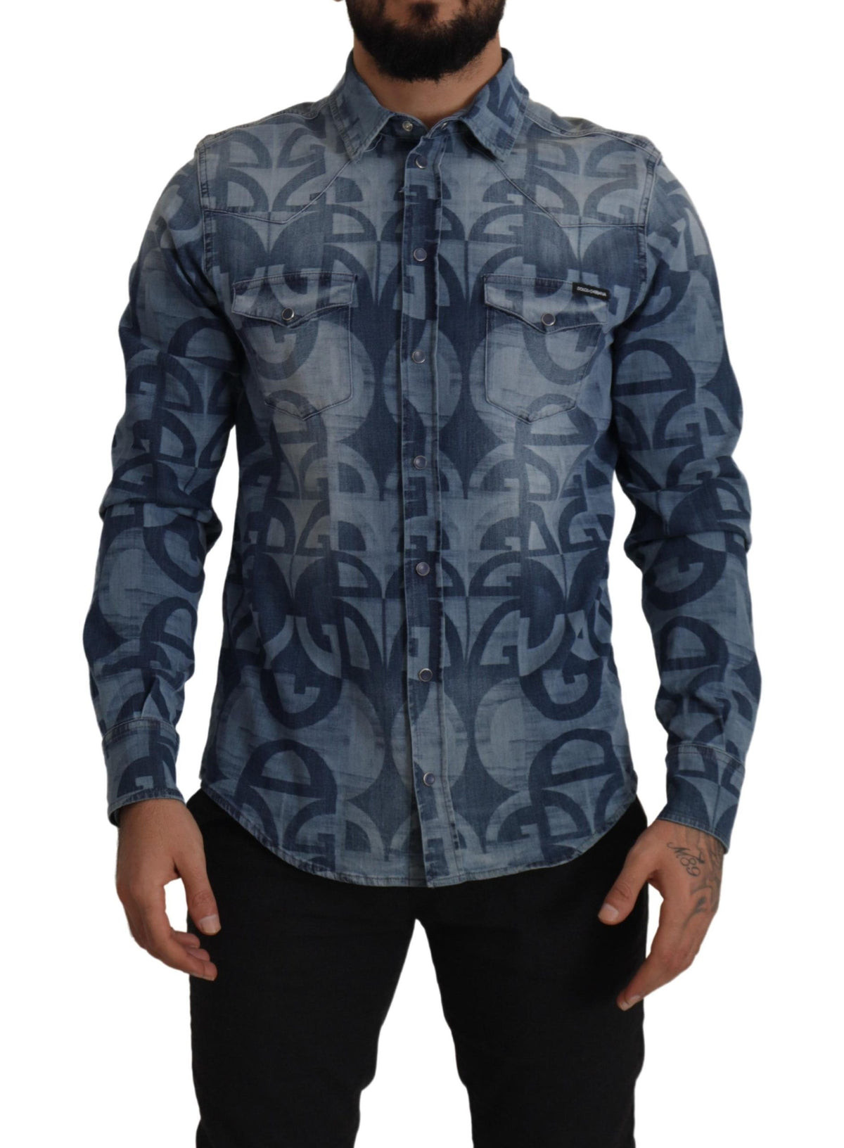 New Dolce & Gabbana Blue Denim Stretch DG Logo Casual Mens Slim Shirt