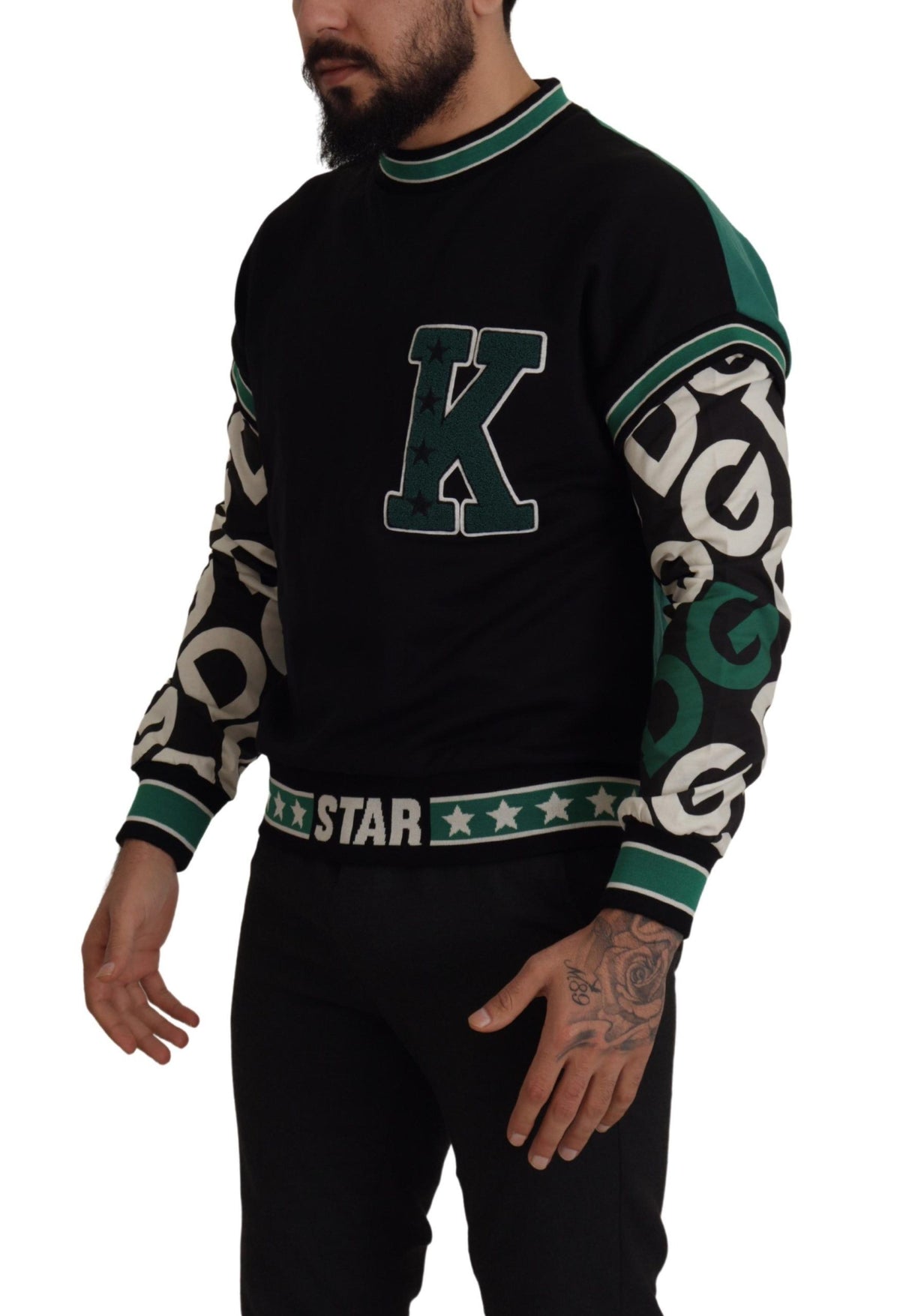 New Dolce & Gabbana Black Green Cotton KING Star Crewneck Pullover Sweater
