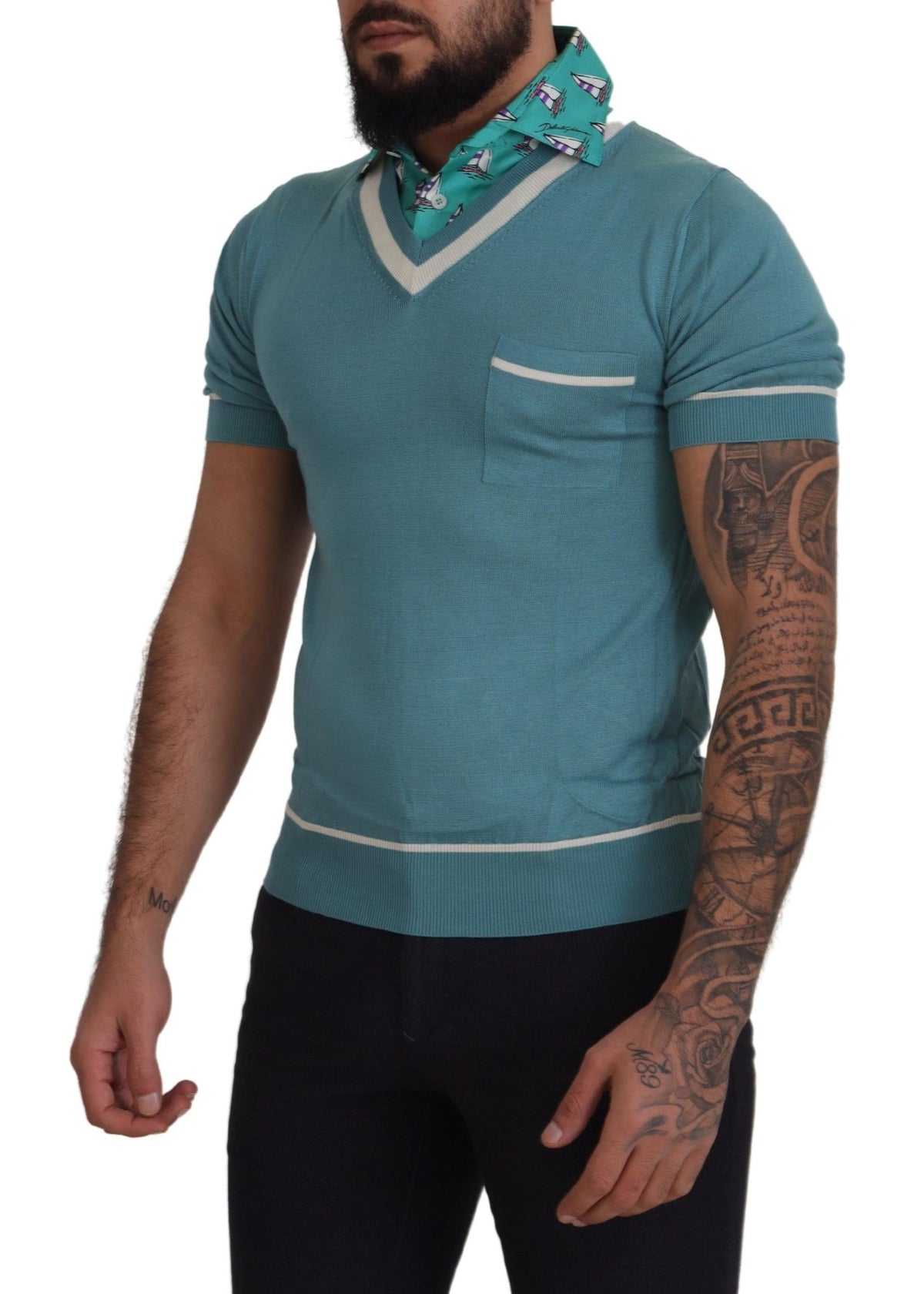 New Dolce & Gabbana Blue Silk Polo Top Mens V-neck T-shirt