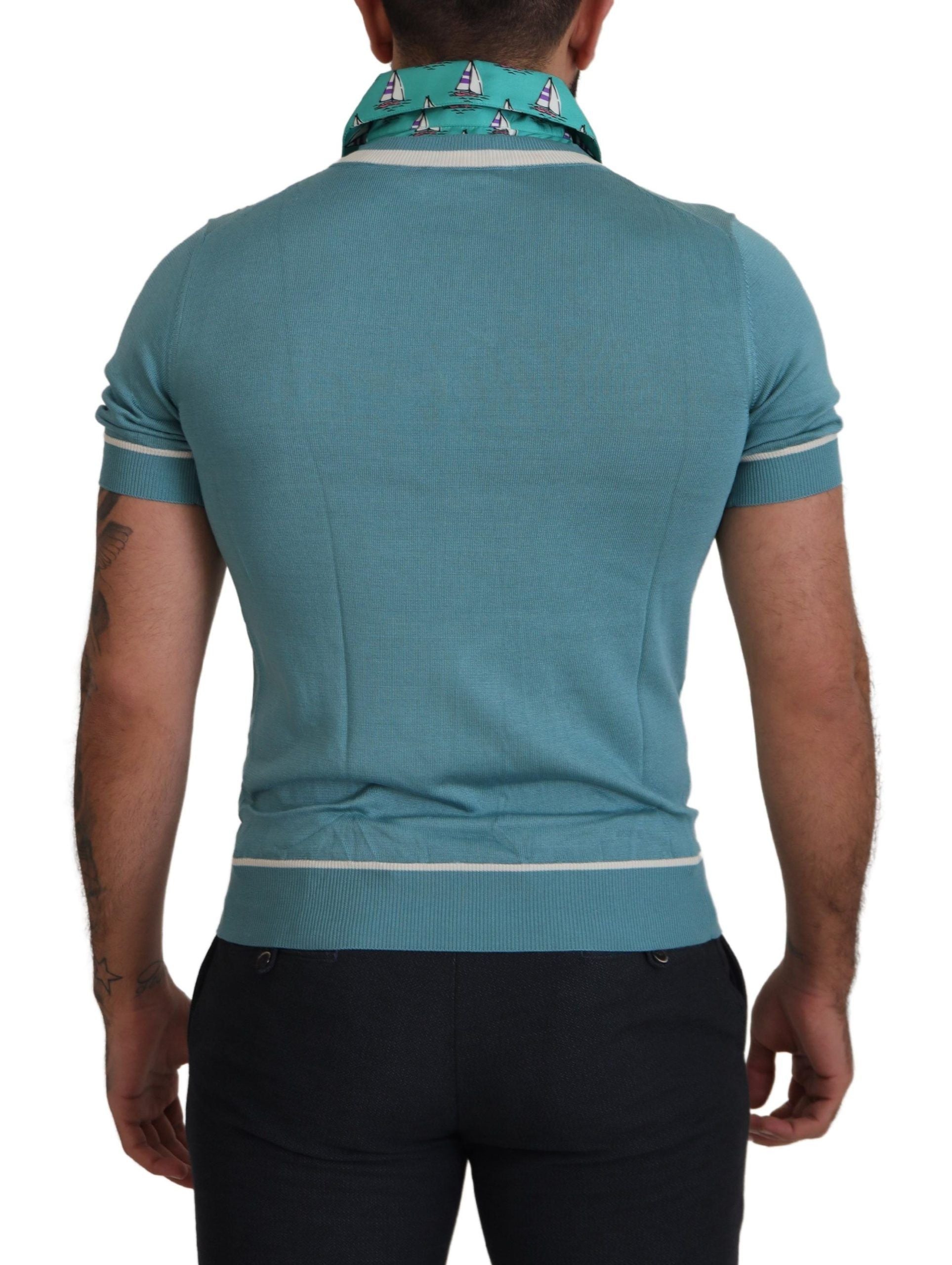 New Dolce & Gabbana Blue Silk Polo Top Mens V-neck T-shirt