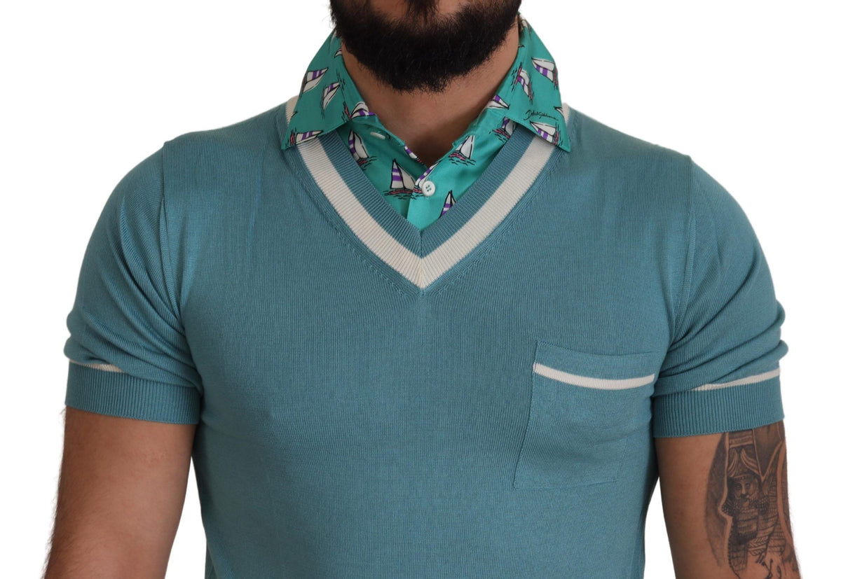New Dolce & Gabbana Blue Silk Polo Top Mens V-neck T-shirt
