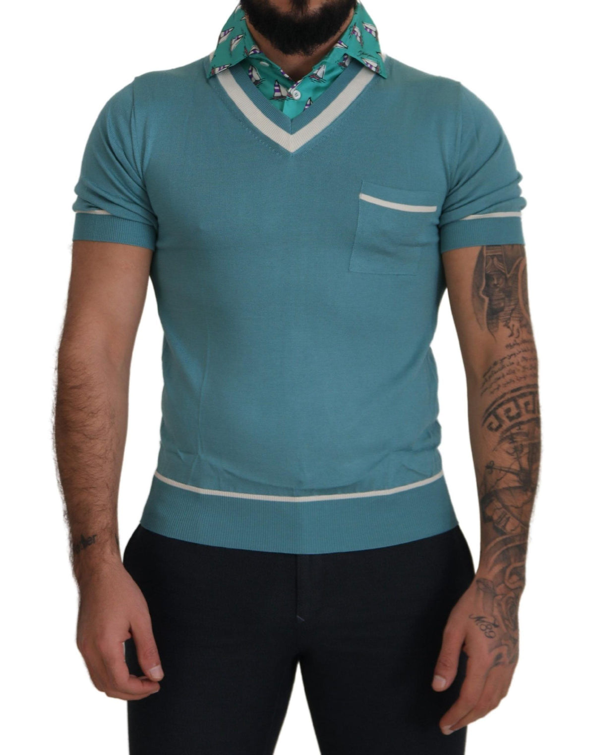 New Dolce & Gabbana Blue Silk Polo Top Mens V-neck T-shirt