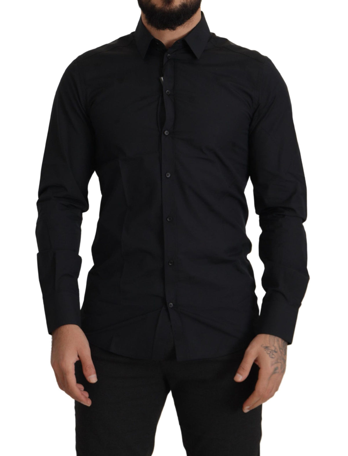 New Dolce & Gabbana Black Cotton GOLD Slim Fit Dress Shirt