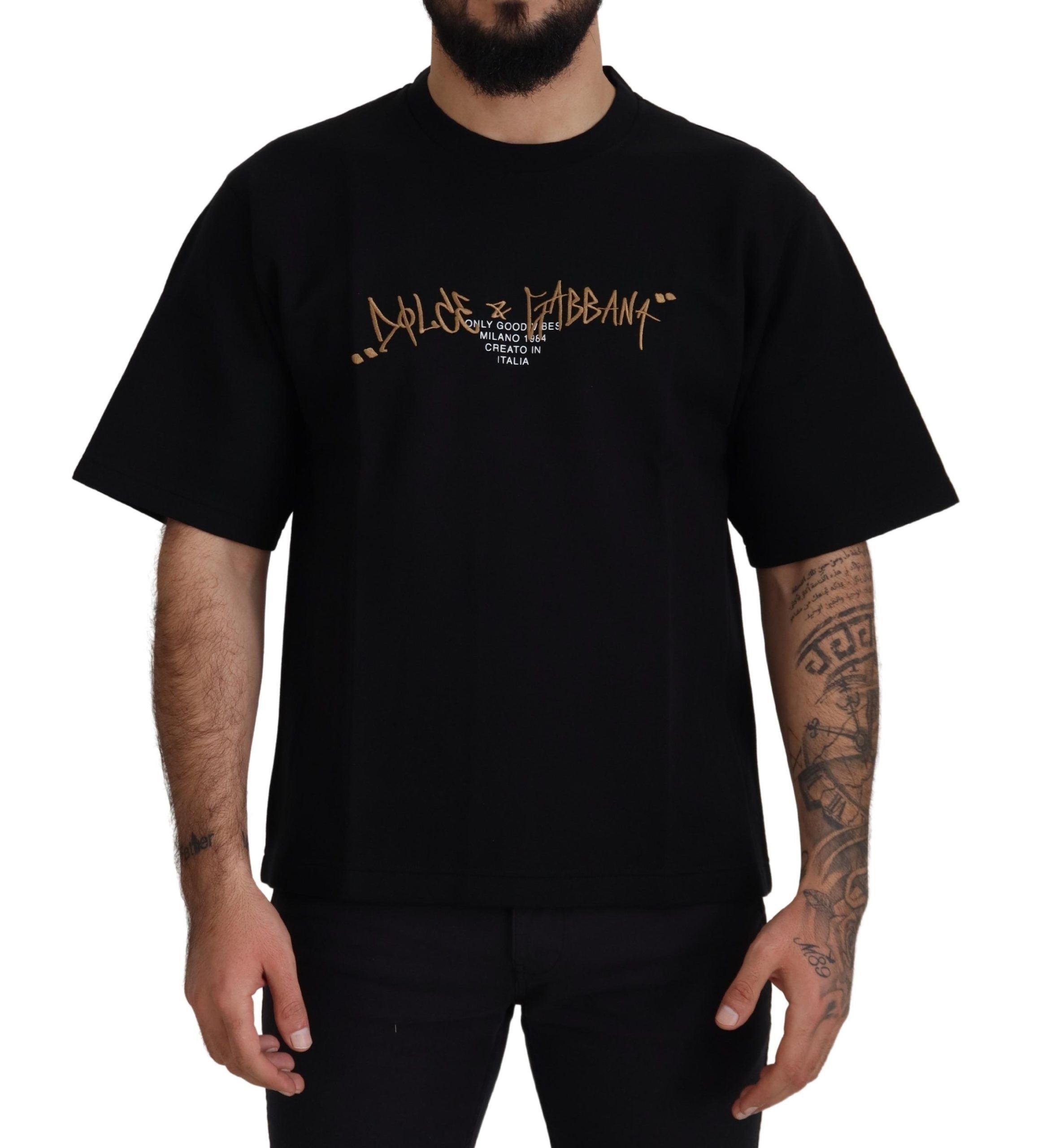 New Dolce & Gabbana Black Logo Cotton Crewneck T-shirt