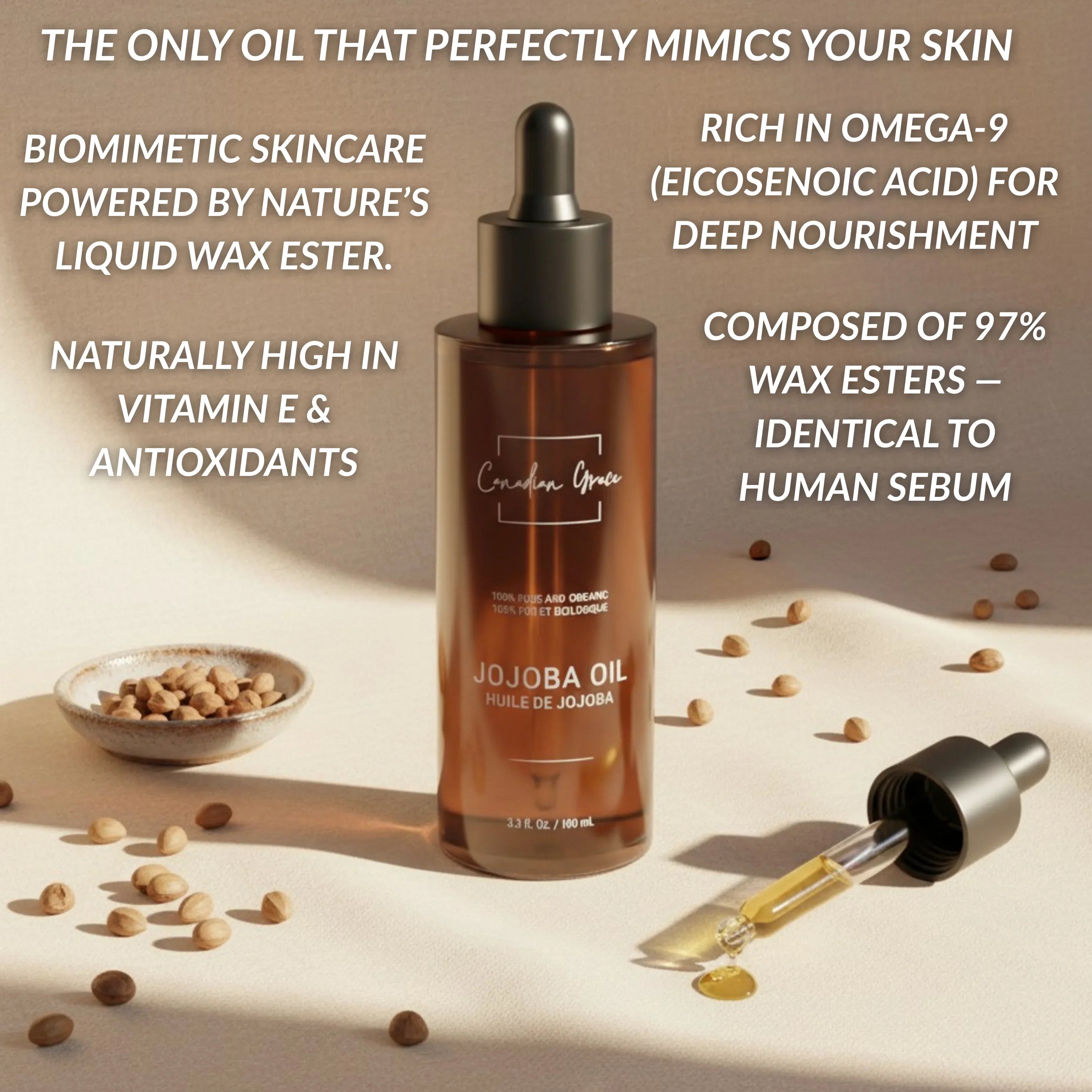 Canadian Grace 100% Organic Jojoba Oil – For Sensitive, Reactive & Acne-Prone Skin + Dry-Feeling or Oily Scalp