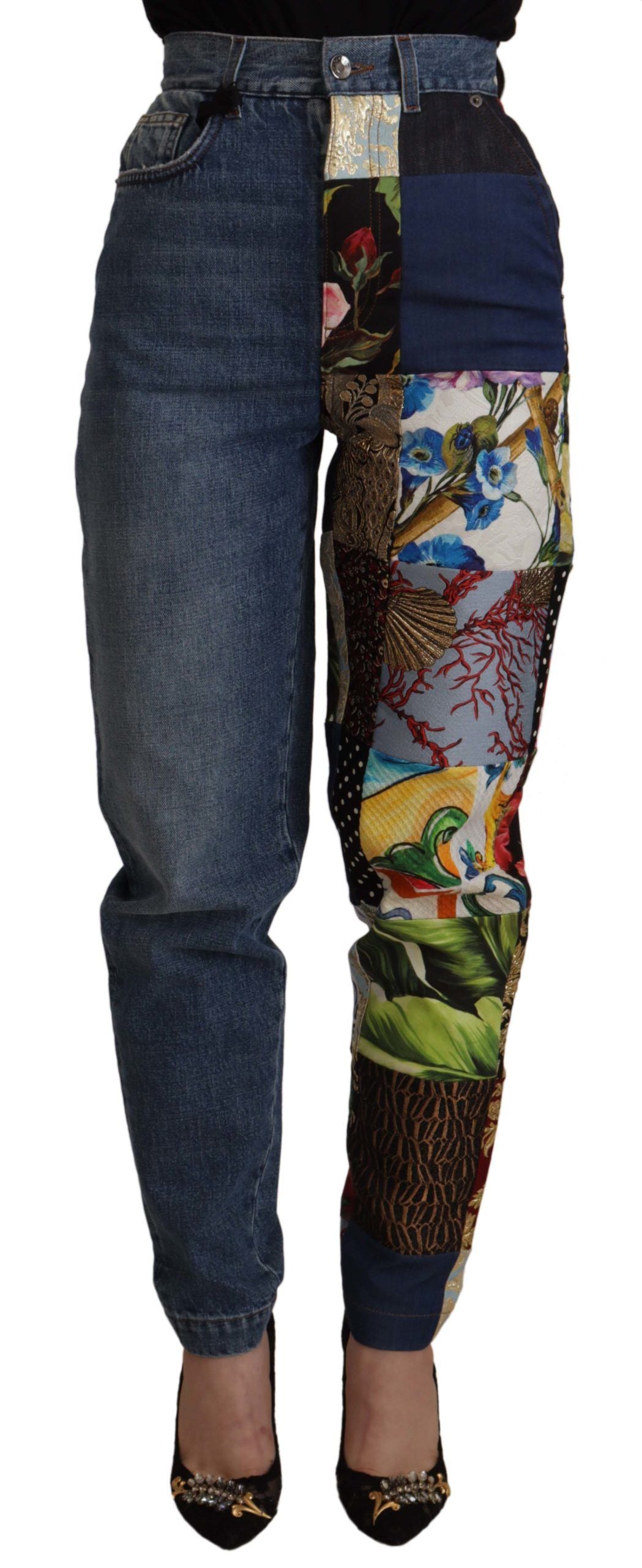 New Dolce & Gabbana Blue Jeans Jacquard Majolica High Waist Pants