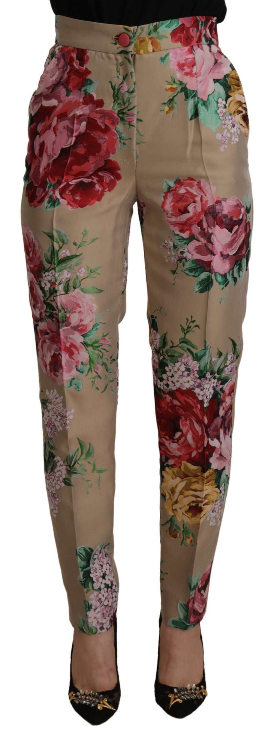 New Dolce & Gabbana Beige Floral Dress Formal High Waist Pants