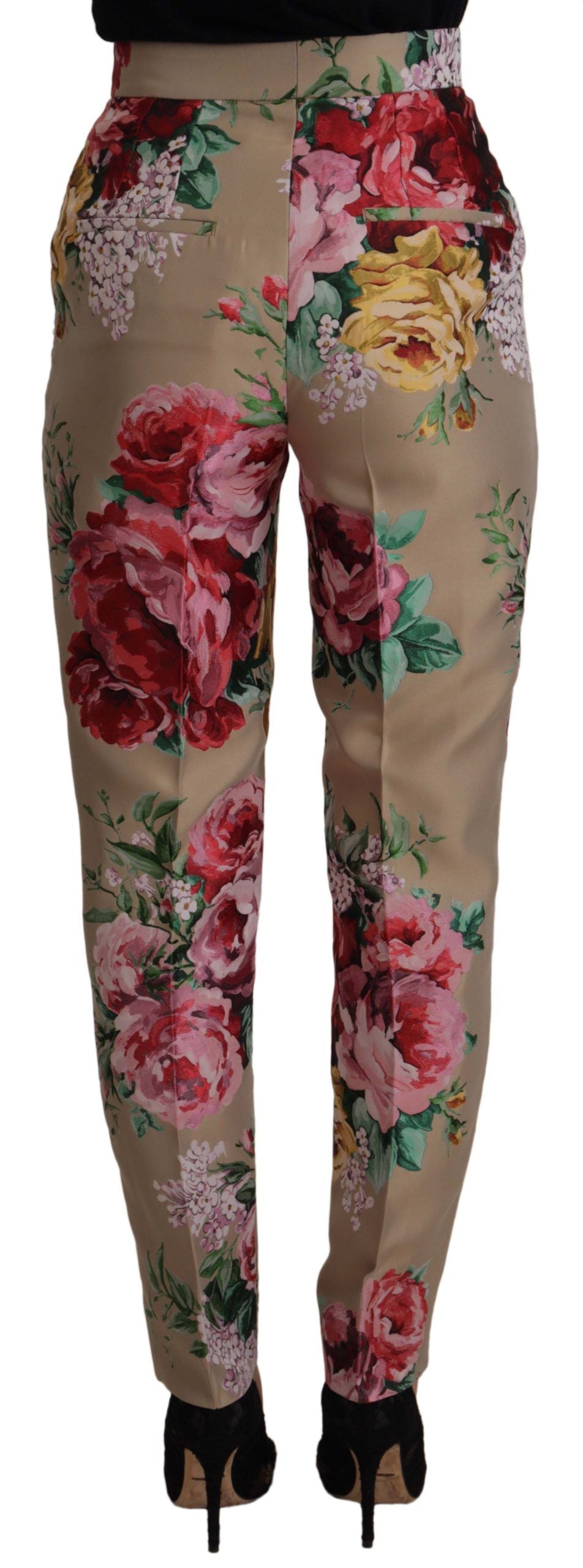 New Dolce & Gabbana Beige Floral Dress Formal High Waist Pants