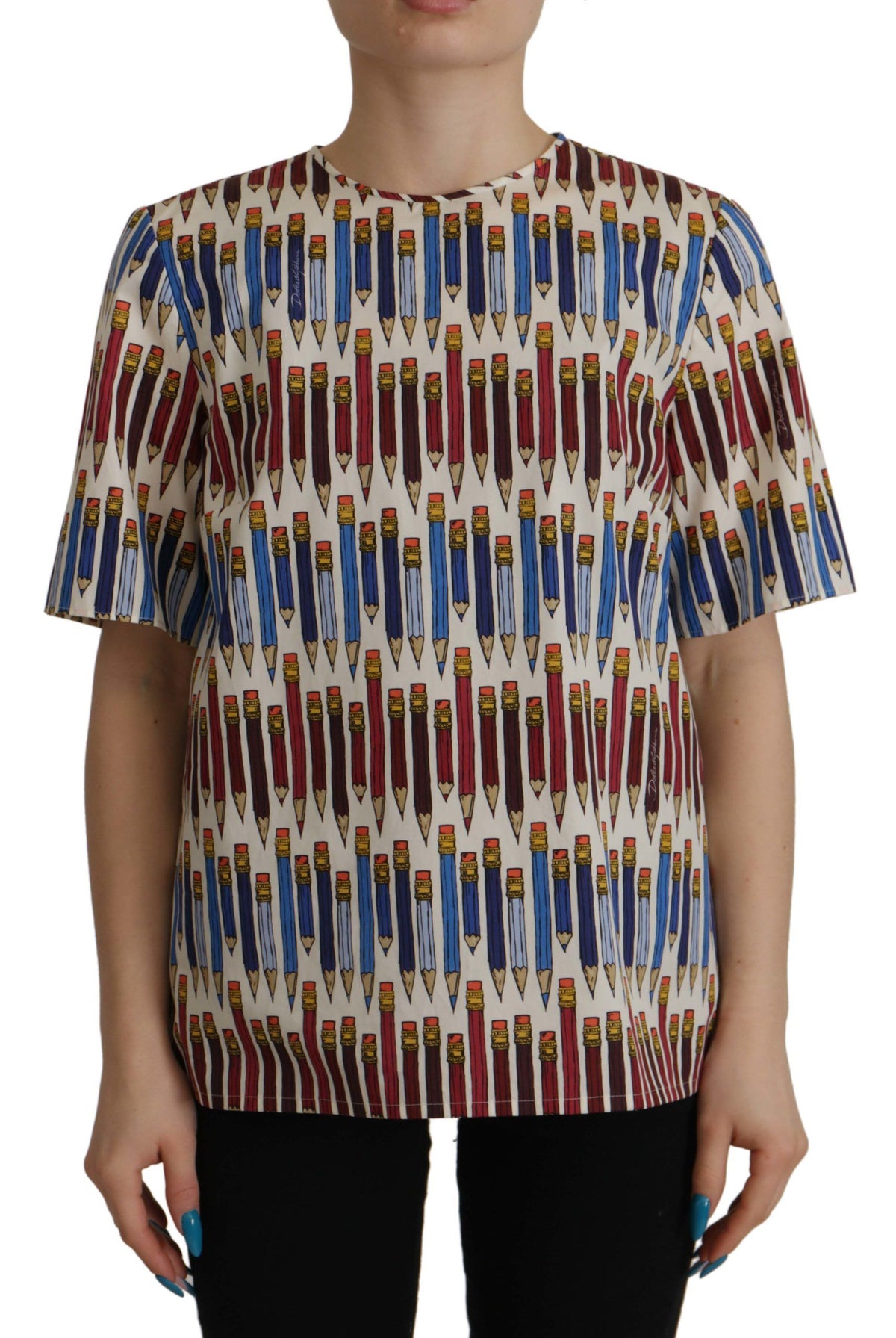 New Dolce & Gabbana White Pencil Print Cotton T-shirt Blouse
