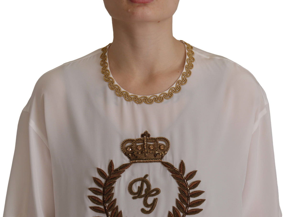 New Dolce & Gabbana White Silk Gold DG Crown Crystal Blouse Top