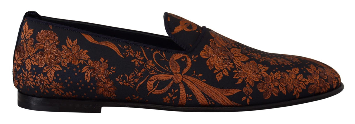 New Dolce & Gabbana Blue Rust Floral Slippers Loafers Shoes