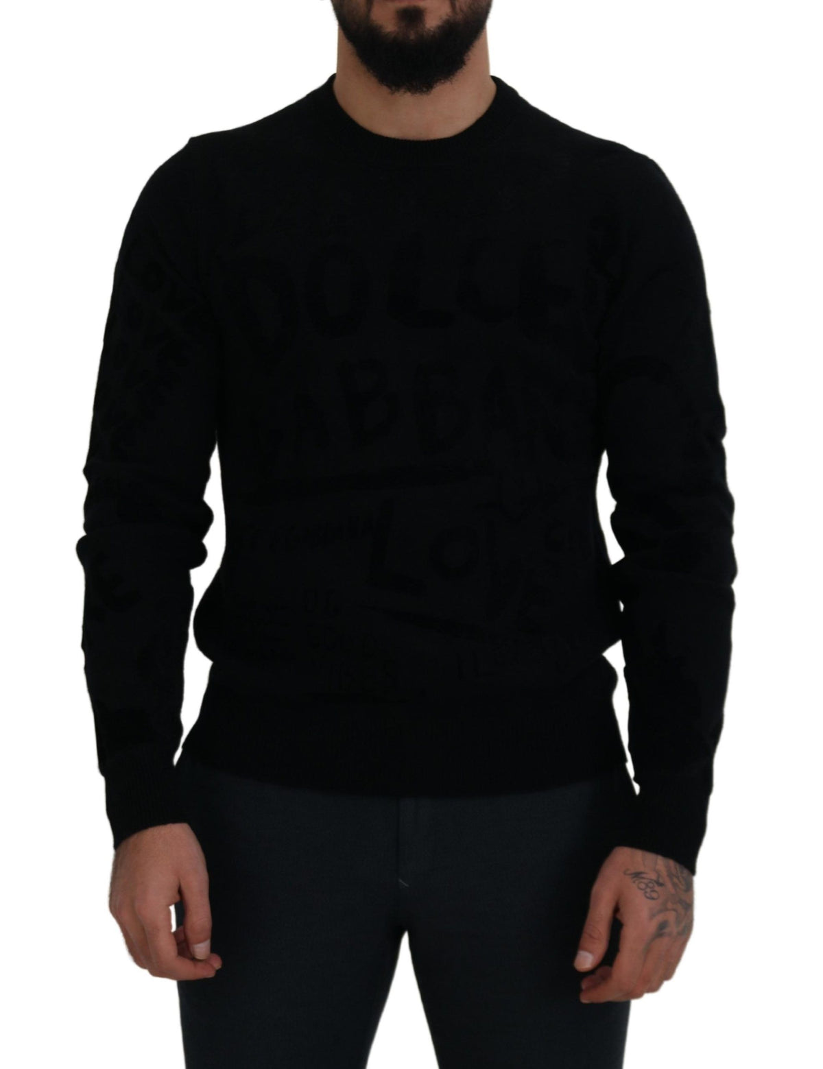 New Dolce & Gabbana Black Wool Logo Pattern Crewneck Pullover Sweater