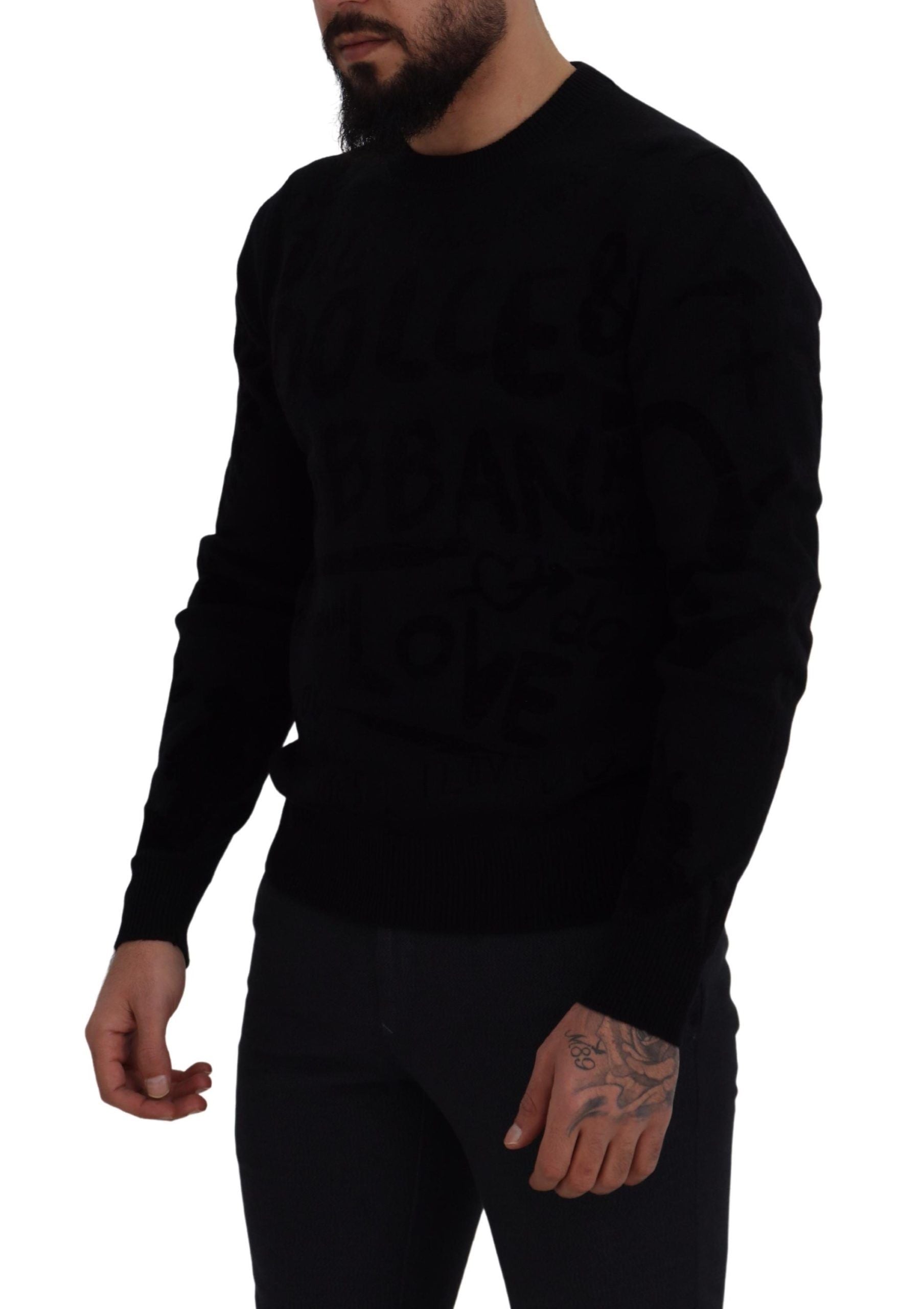 New Dolce & Gabbana Black Wool Logo Pattern Crewneck Pullover Sweater