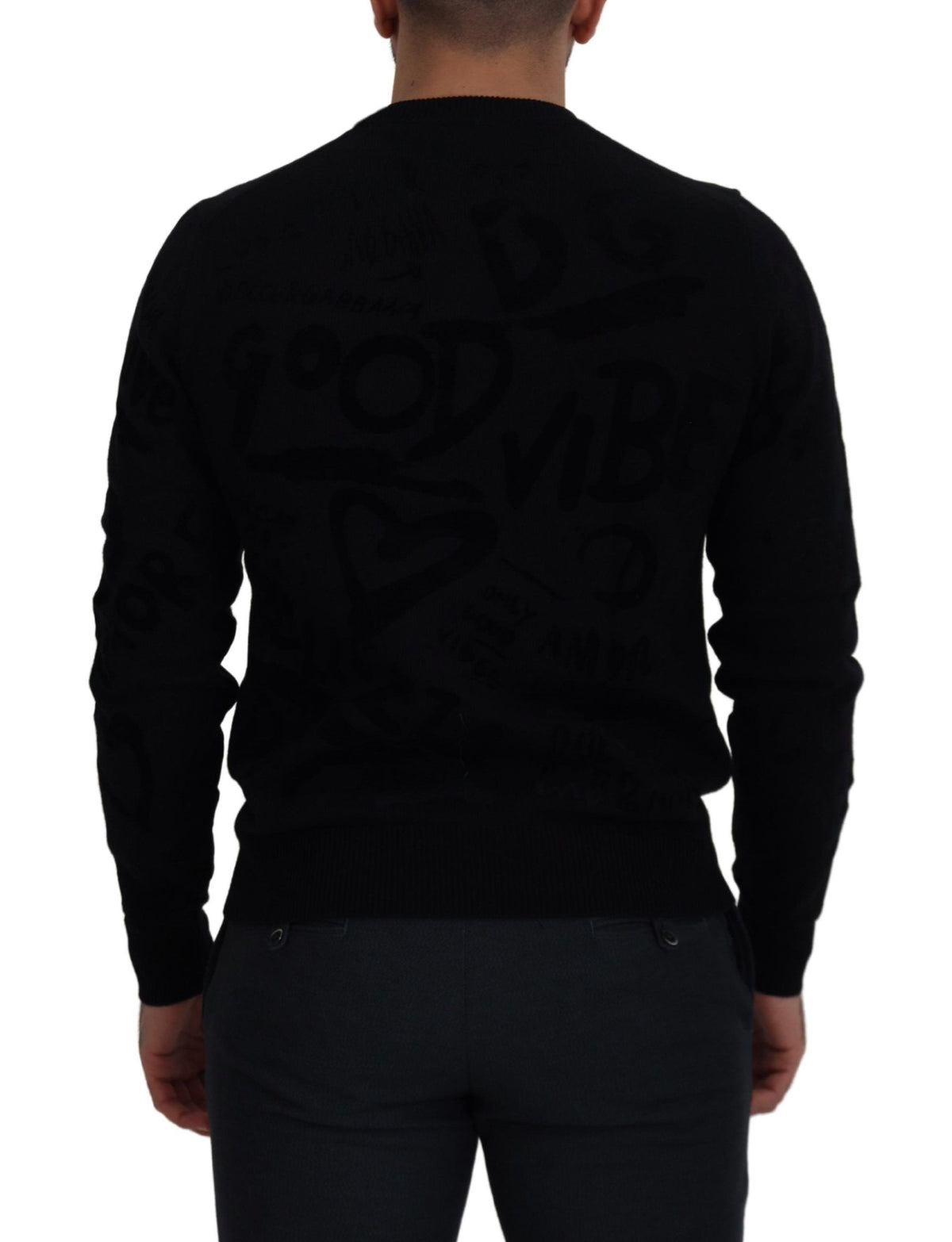 New Dolce & Gabbana Black Wool Logo Pattern Crewneck Pullover Sweater