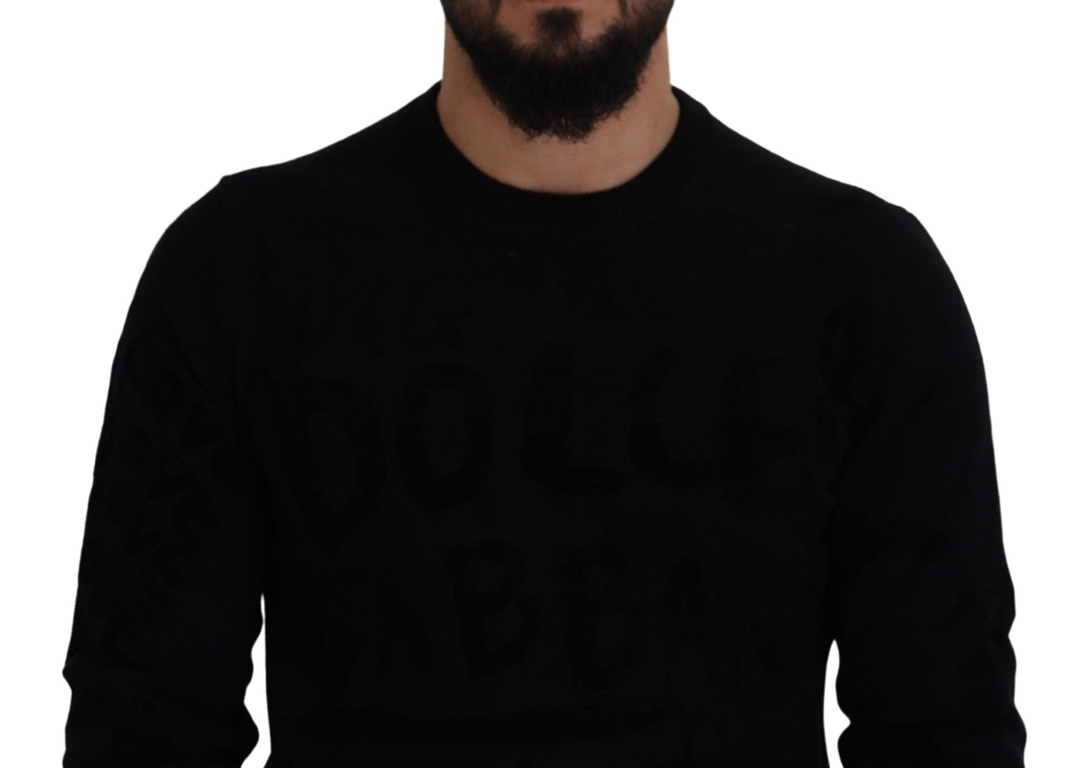 New Dolce & Gabbana Black Wool Logo Pattern Crewneck Pullover Sweater
