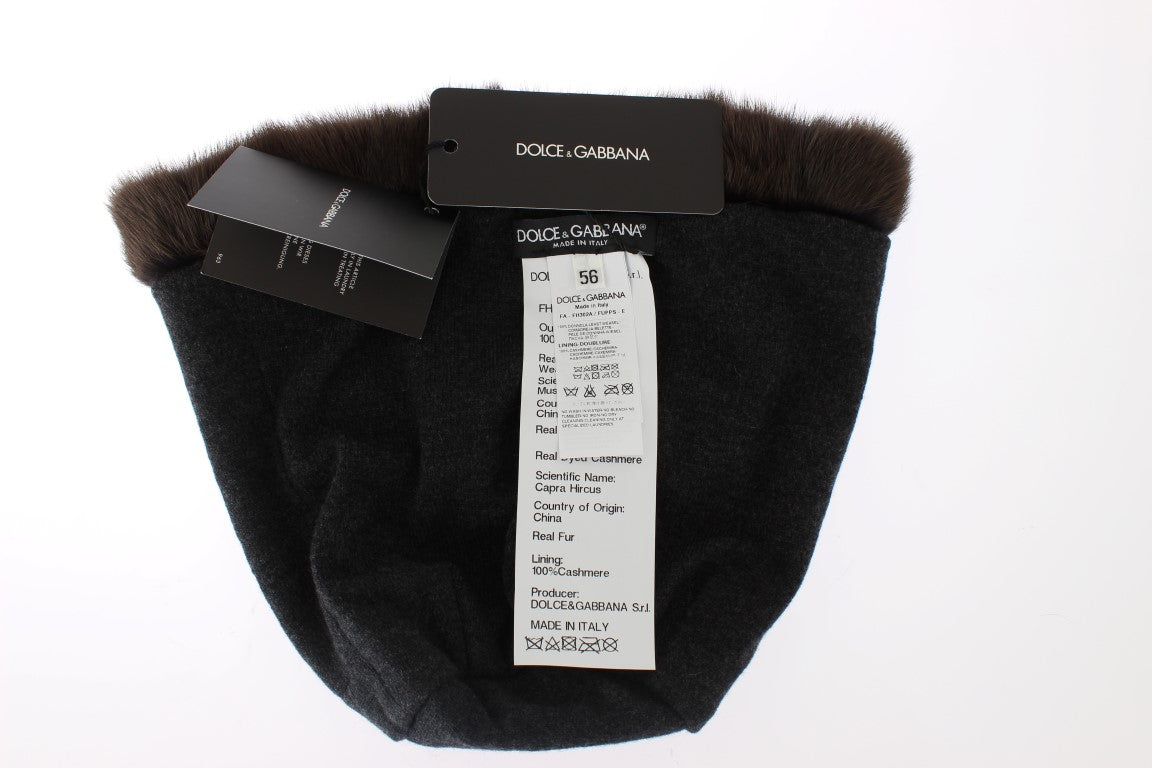 New Dolce & Gabbana Brown Weasel Fur Womens Cashmere Hat Beanie