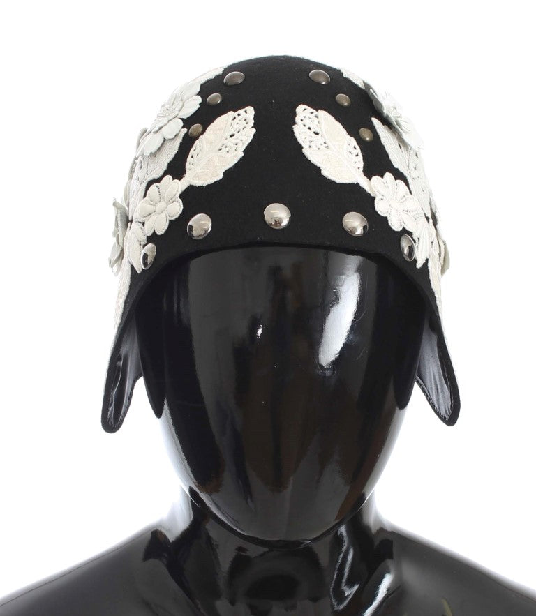 New Dolce & Gabbana Black Wool White Floral Gold Leaf Hat