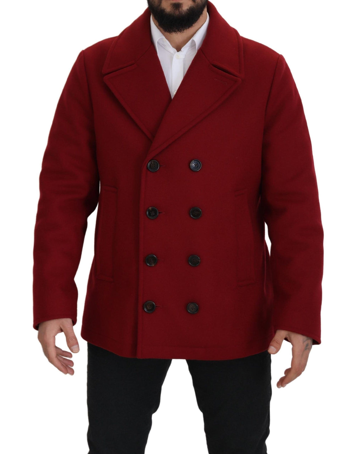 New Dolce & Gabbana Red Wool Double Breasted Coat Jacket