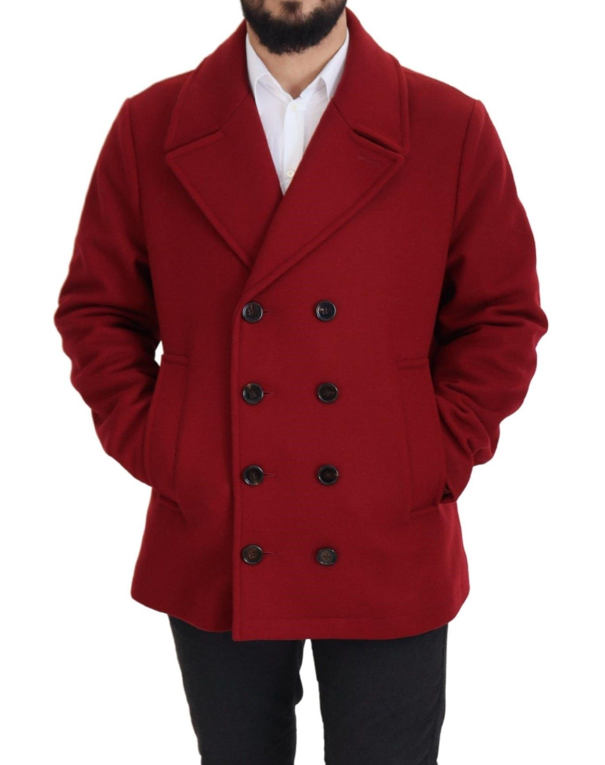 New Dolce & Gabbana Red Wool Double Breasted Coat Jacket