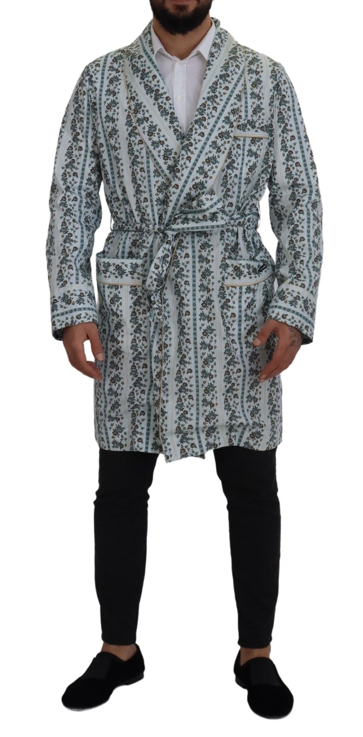 New Dolce & Gabbana Blue Floral Cotton Robe Coat Jacket