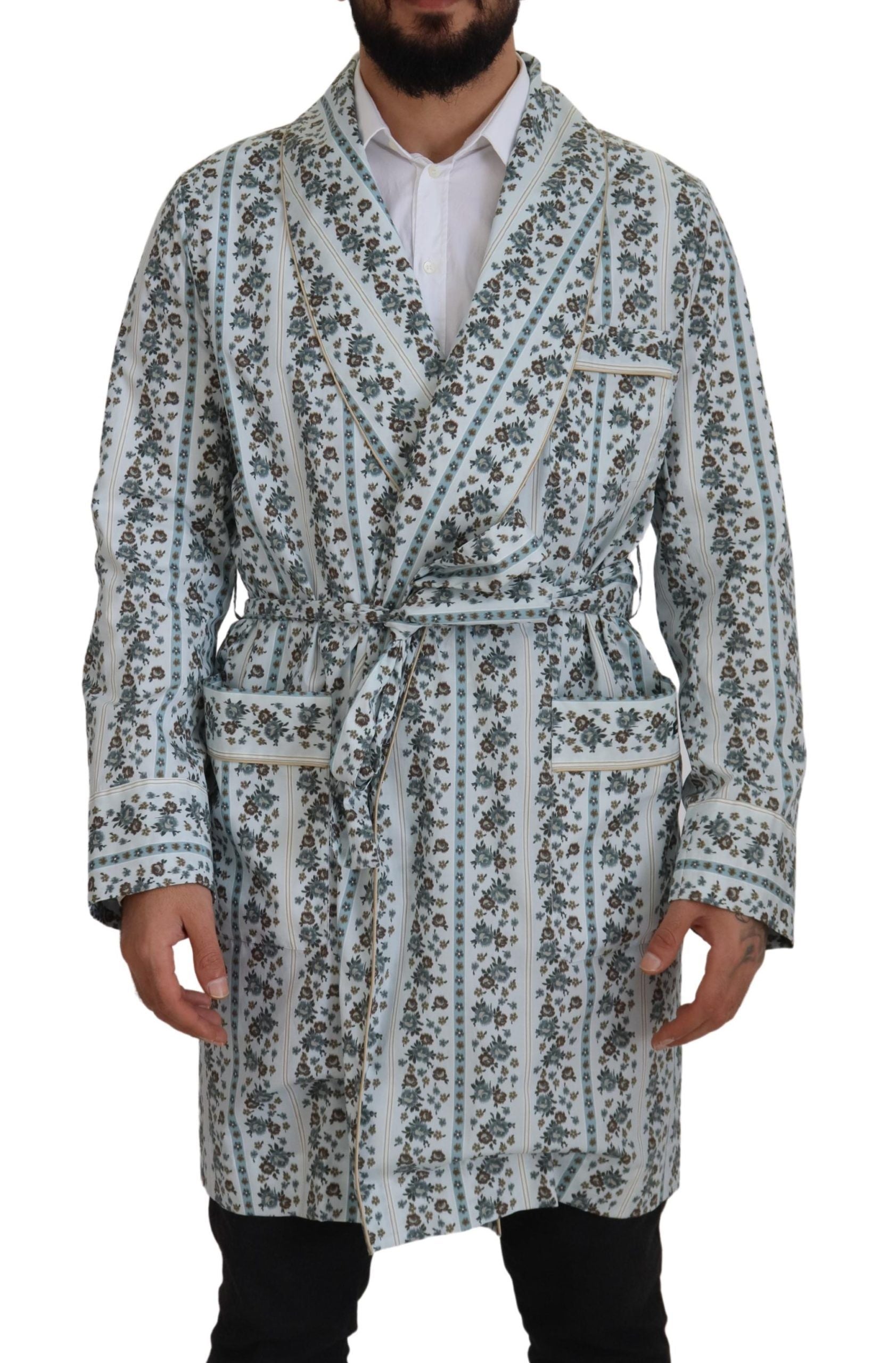 New Dolce & Gabbana Blue Floral Cotton Robe Coat Jacket