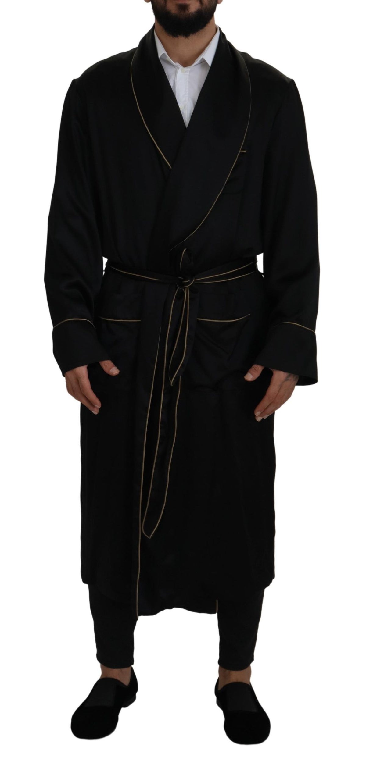 New Dolce & Gabbana Black 100% Silk Robe Coat Wrap Jacket