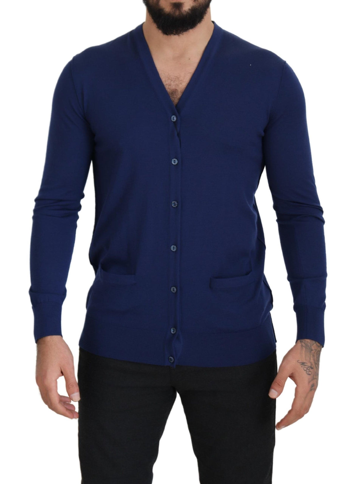New Dolce & Gabbana Blue Wool V-neck Button Down Cardigan Sweater
