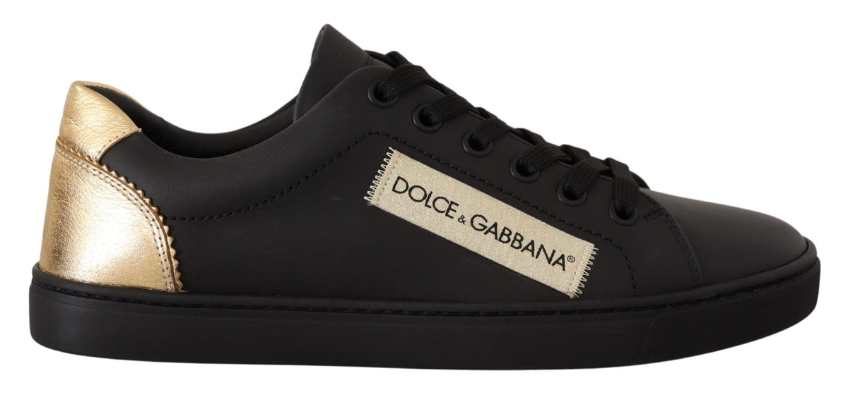 New Dolce & Gabbana Black Gold Leather Low Top Sneakers Womens Shoes