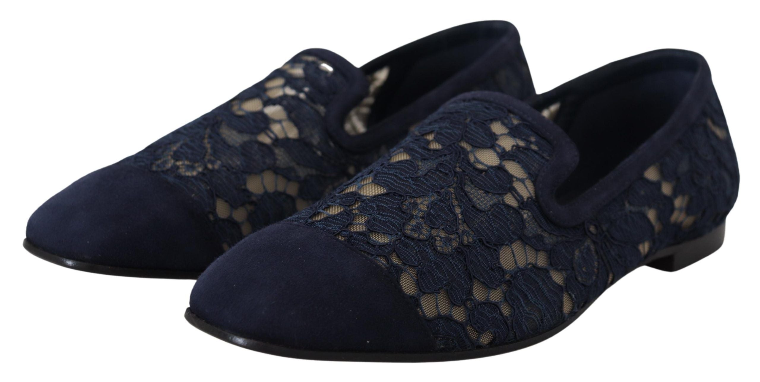 New Dolce & Gabbana Blue Floral Lace Slip Ons Loafers Flats Shoes
