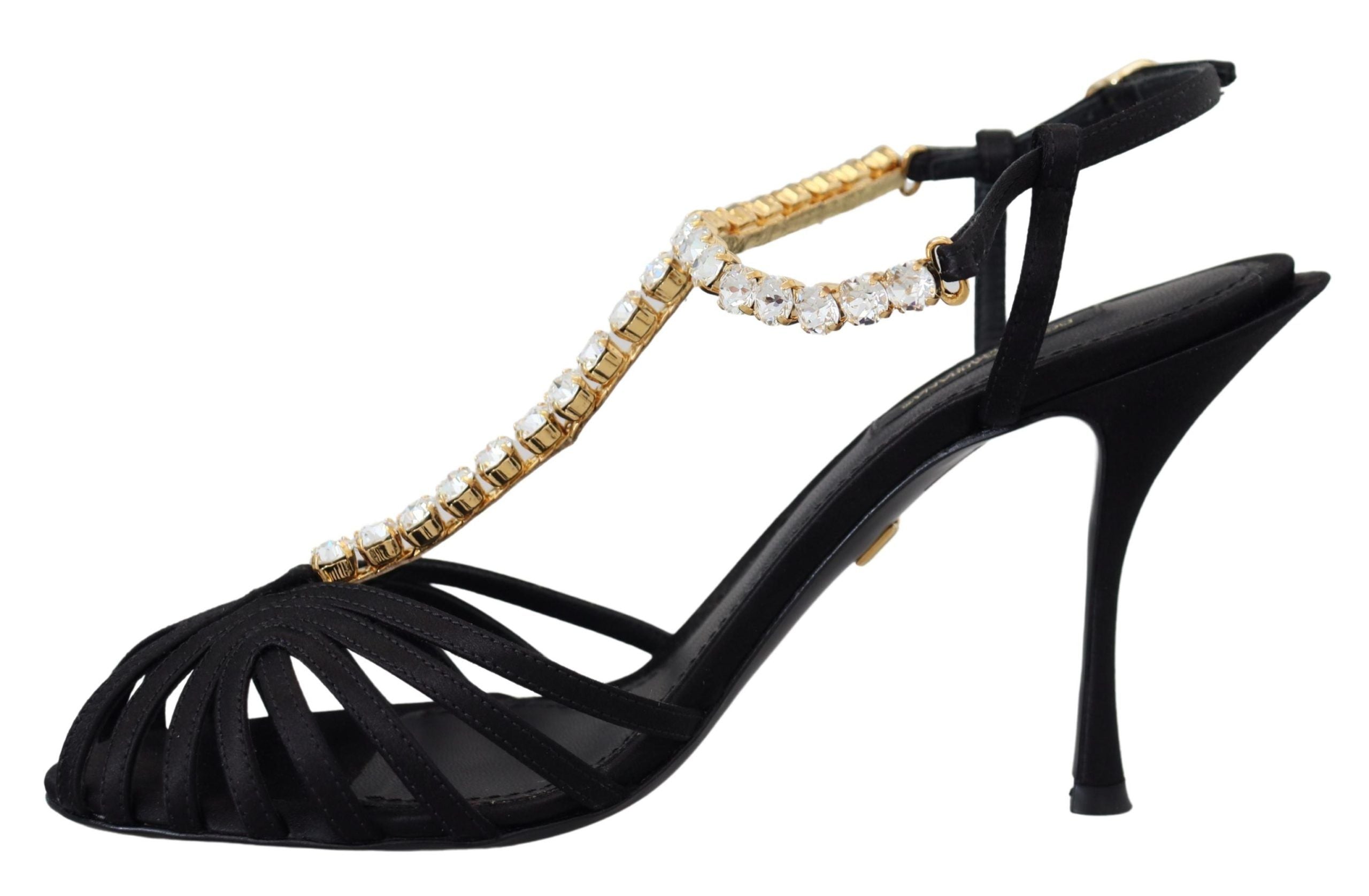 New Dolce & Gabbana Black Satin Clear Crystal T-strap Sandal Shoes