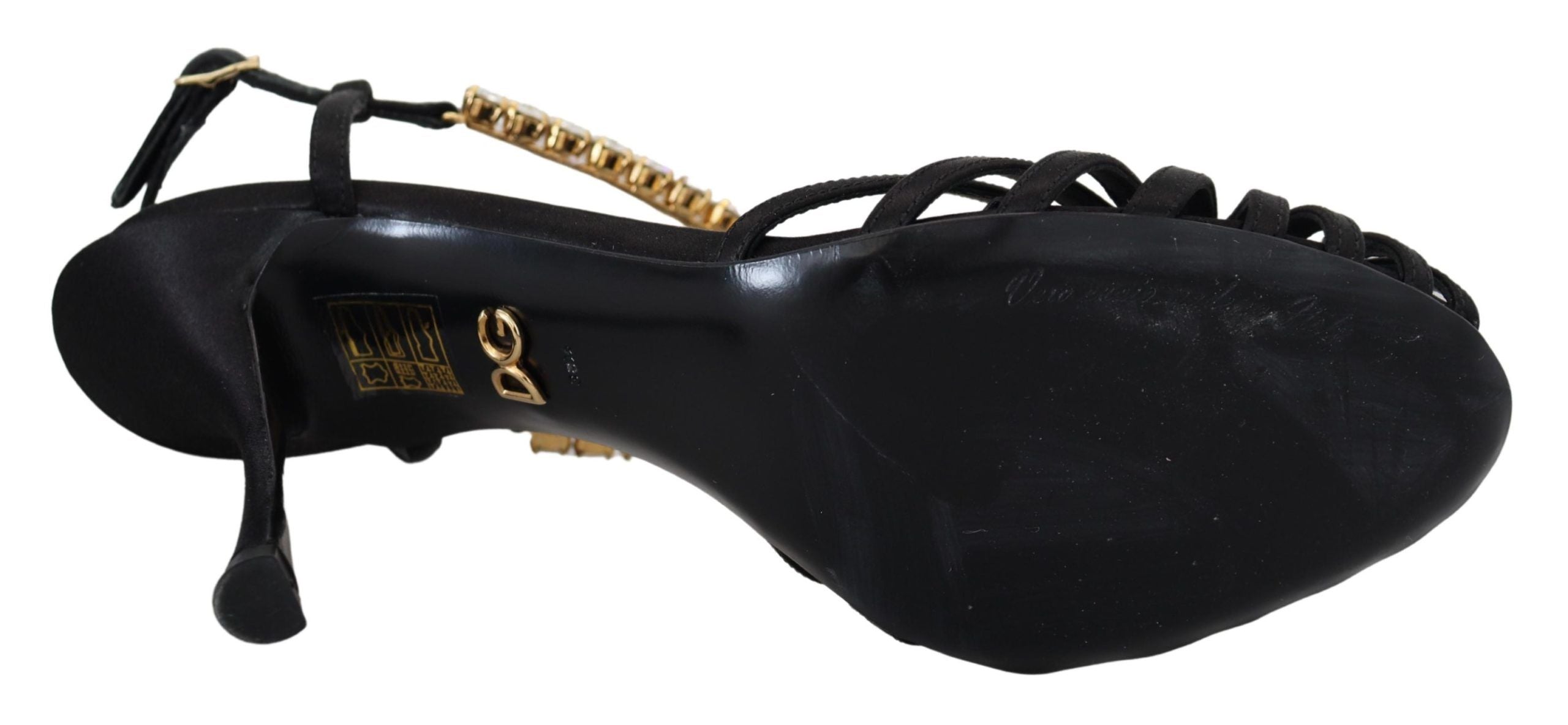 New Dolce & Gabbana Black Satin Clear Crystal T-strap Sandal Shoes