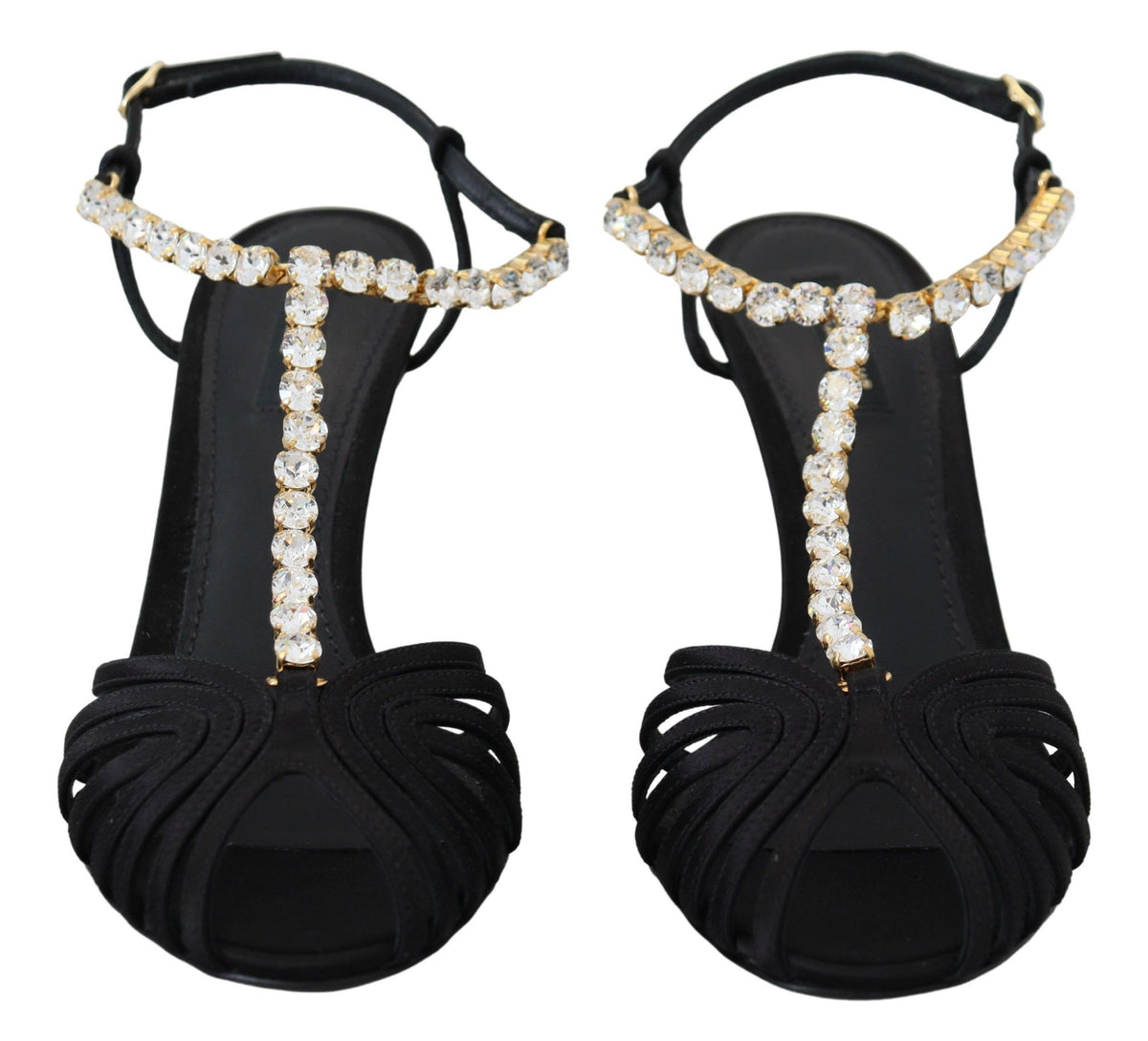 New Dolce & Gabbana Black Satin Clear Crystal T-strap Sandal Shoes