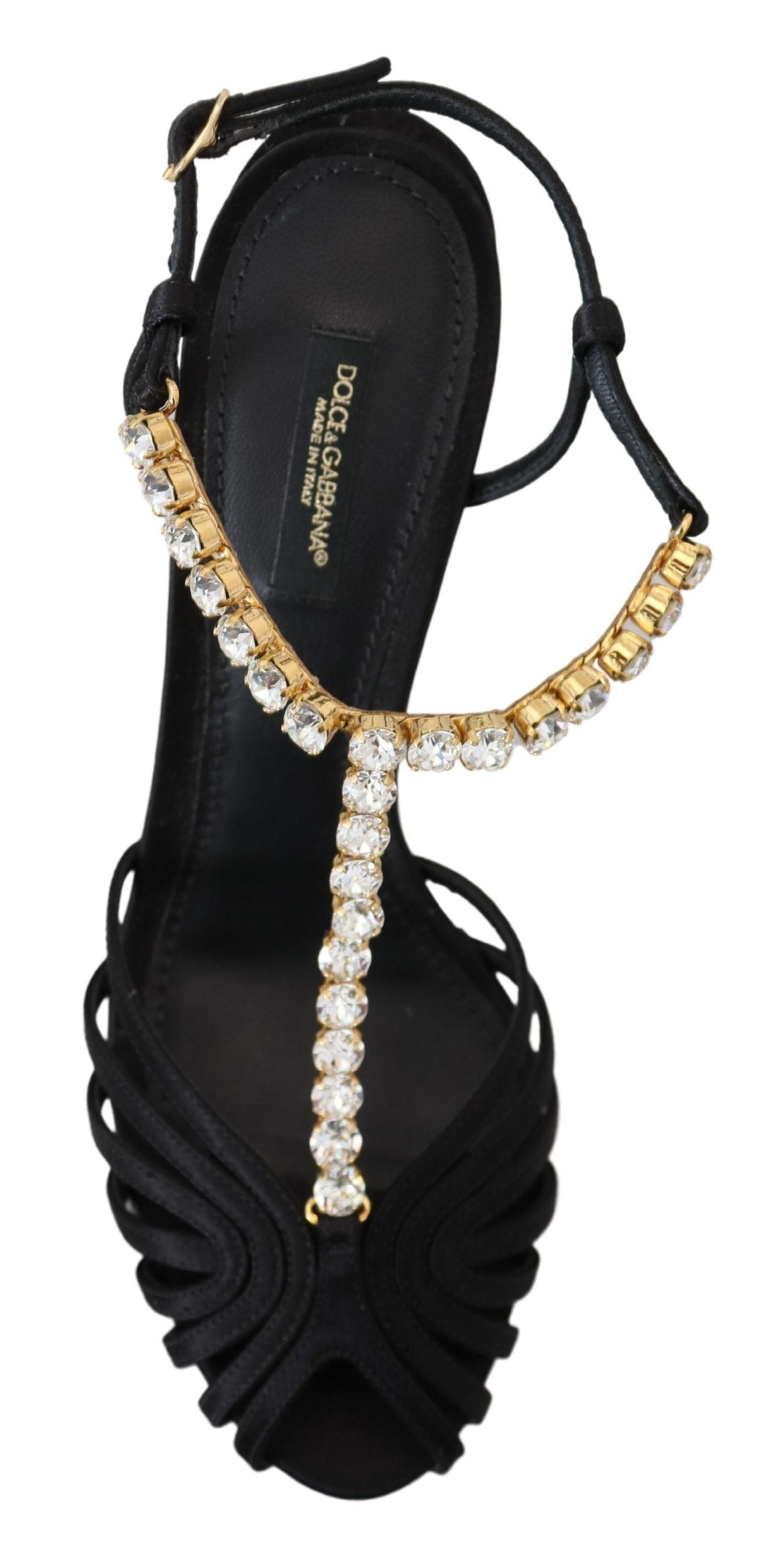 New Dolce & Gabbana Black Satin Clear Crystal T-strap Sandal Shoes