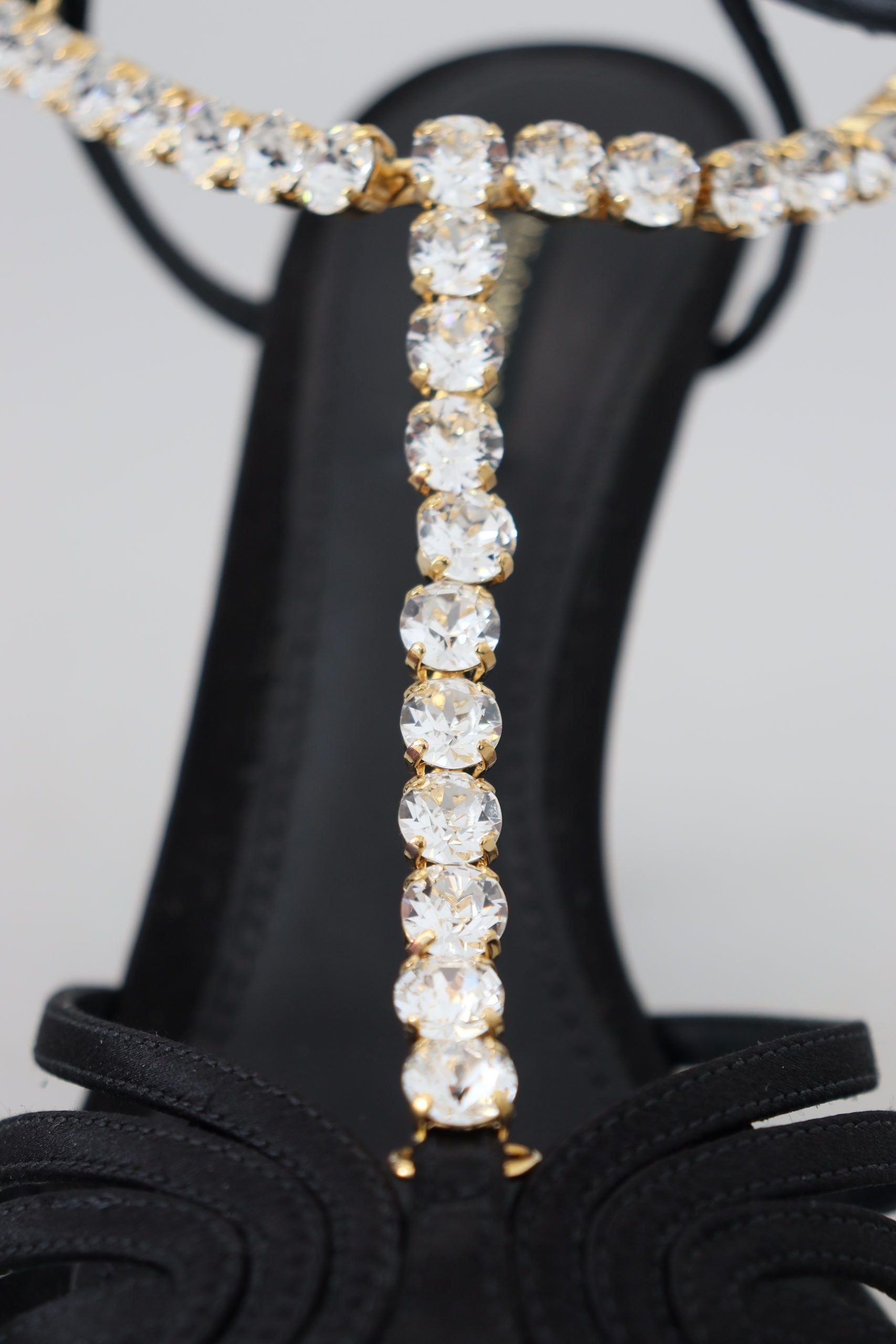 New Dolce & Gabbana Black Satin Clear Crystal T-strap Sandal Shoes