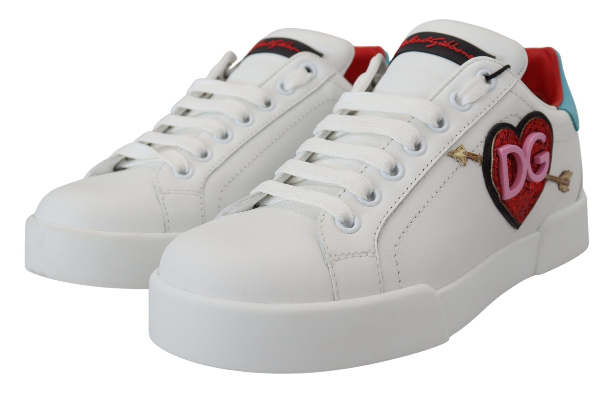 New Dolce & Gabbana White Leather Sneaker Portofino Logo Heart Shoes