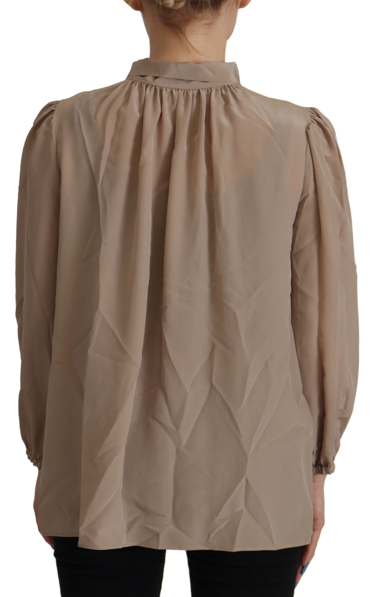 New Dolce & Gabbana Brown Waistband Sleeves Ascot Collar Top Blouse