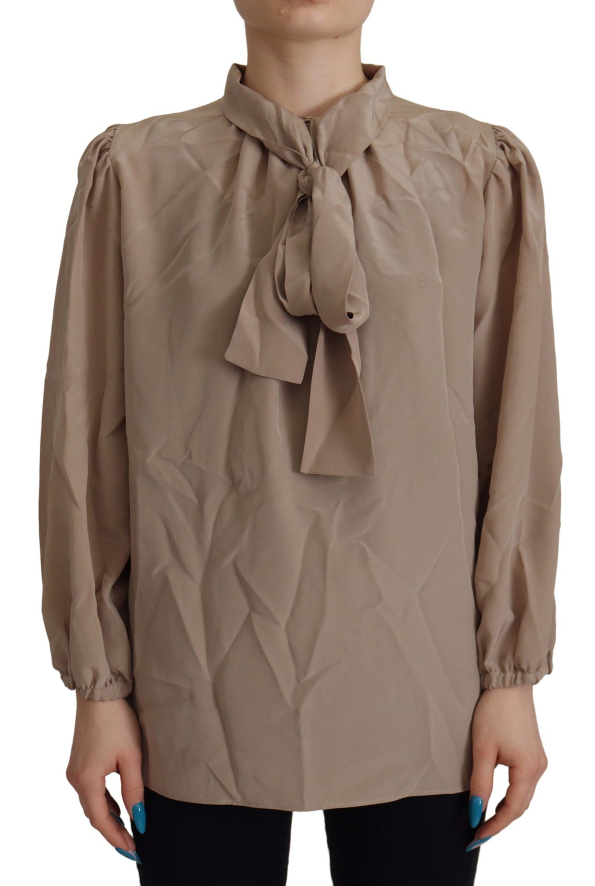 New Dolce & Gabbana Brown Waistband Sleeves Ascot Collar Top Blouse