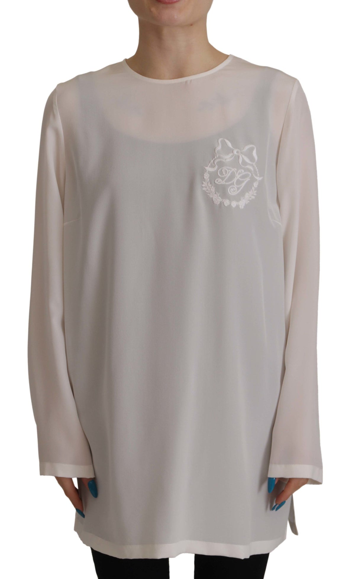 New Dolce & Gabbana White Silk DG Logo Embroidered Long Sleeves Blouse