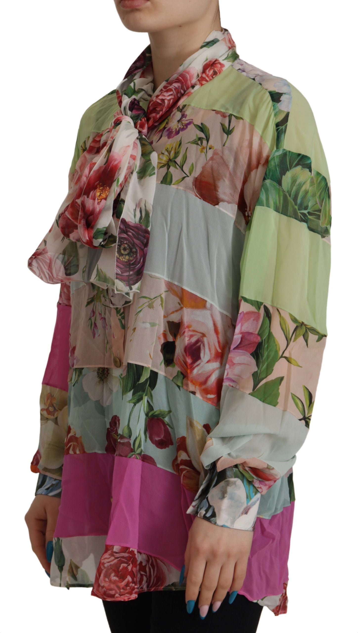 Dolce & Gabbana Multicolor Floral Patchwork Design Ascot Collar Top Blouse