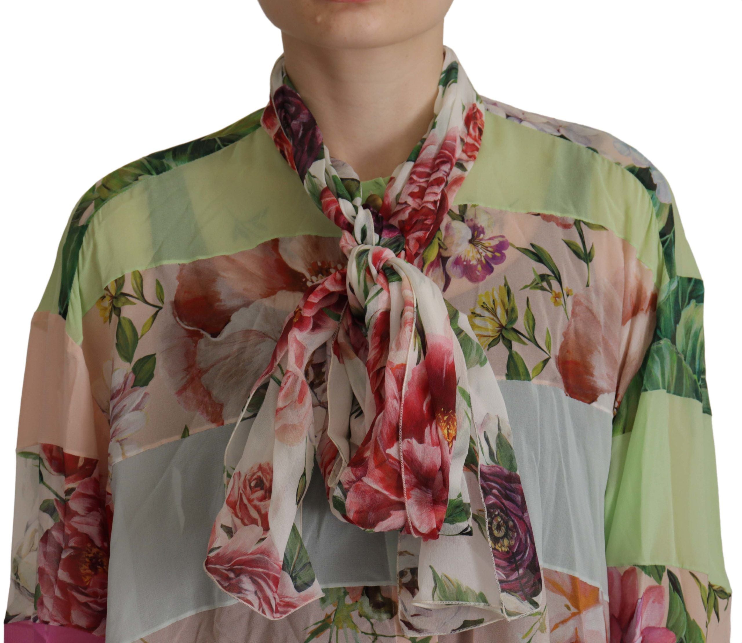 New Dolce & Gabbana Floral Patchwork Design Ascot Collar Top Blouse