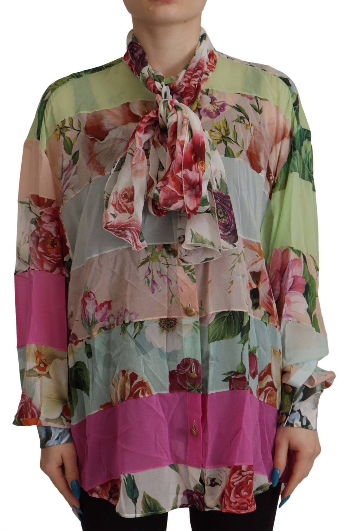 New Dolce & Gabbana Multicolor Floral Patchwork Design Ascot Collar Top Blouse