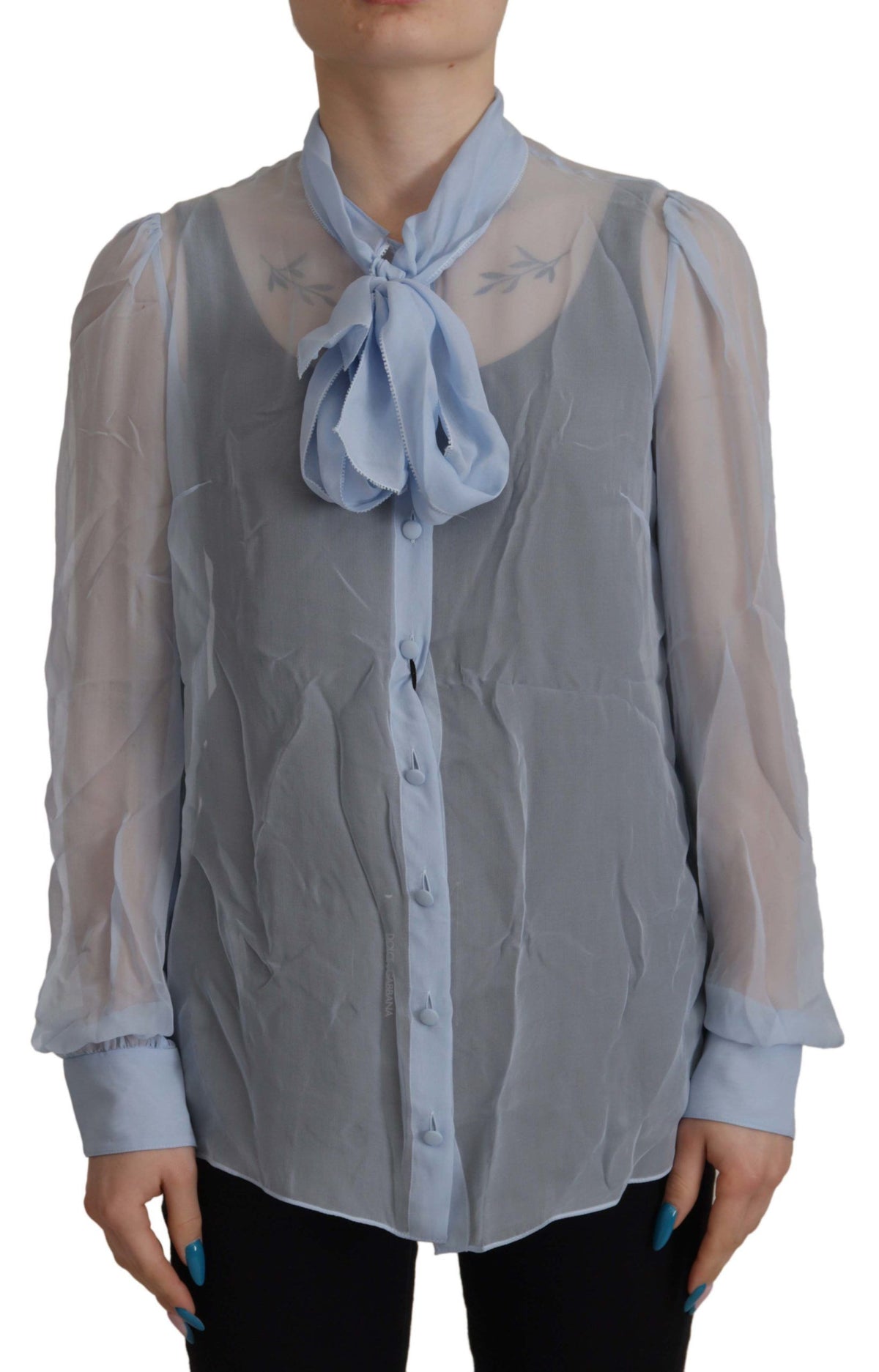 New Dolce & Gabbana Light Blue Silk Ascot Collar Long Sleeves Top