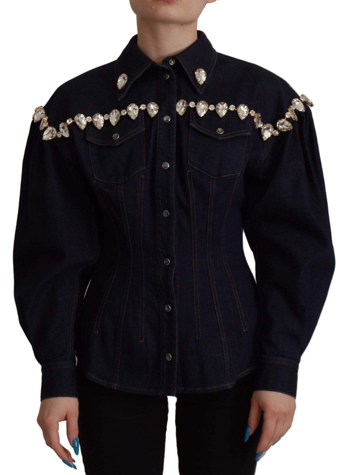 New Dolce & Gabbana Blue Denim Crystal Embellish Cotton Jacket