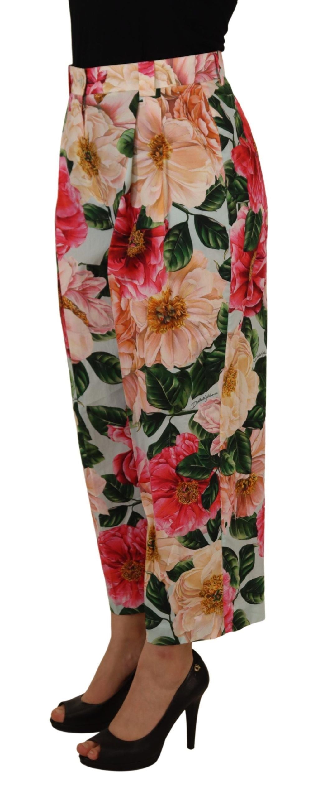 New Dolce & Gabbana Multicolor Flora Printed High Waist Cropped Trouser Pants