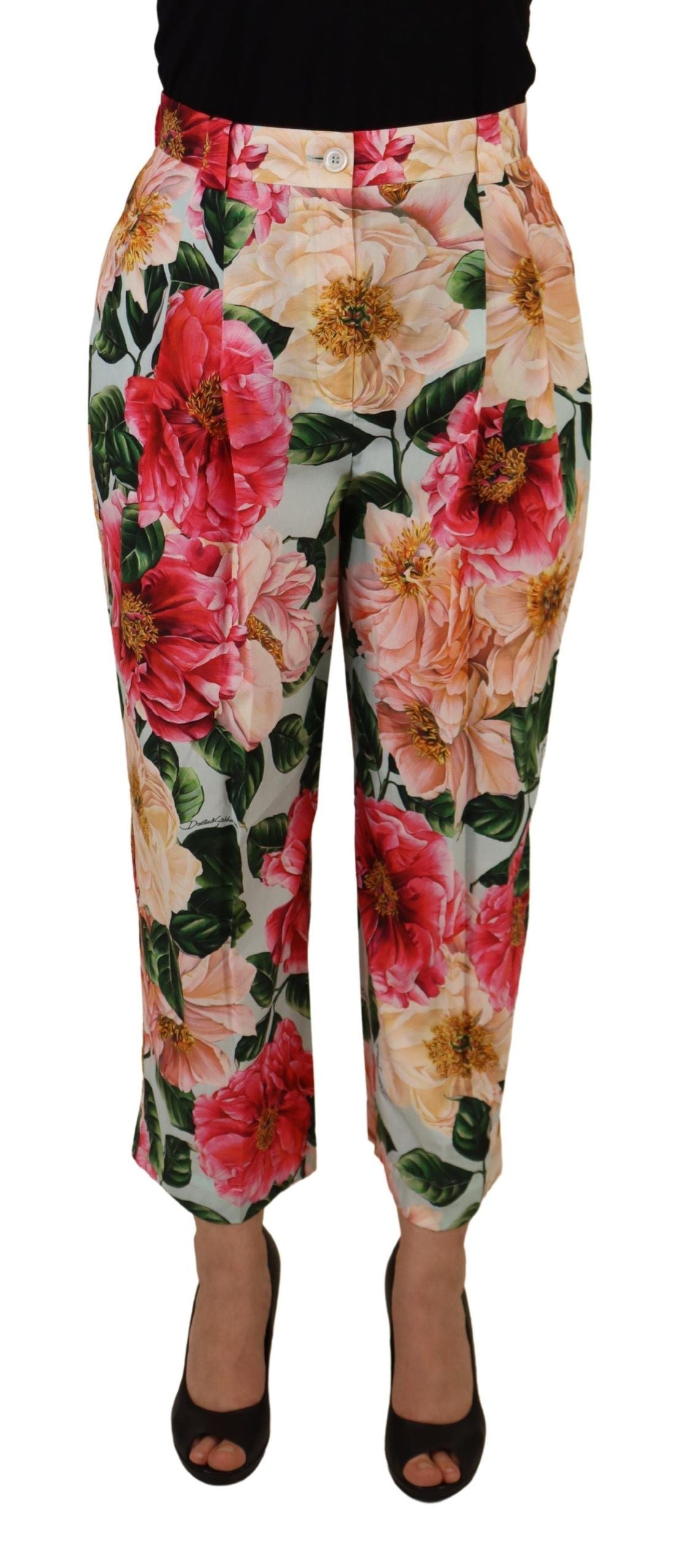 New Dolce & Gabbana Multicolor Flora Printed High Waist Cropped Trouser Pants