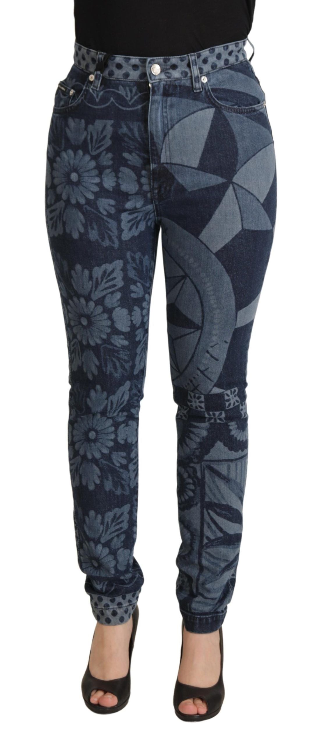 New Dolce & Gabbana Blue Floral High Waist Skinny Denim Jeans