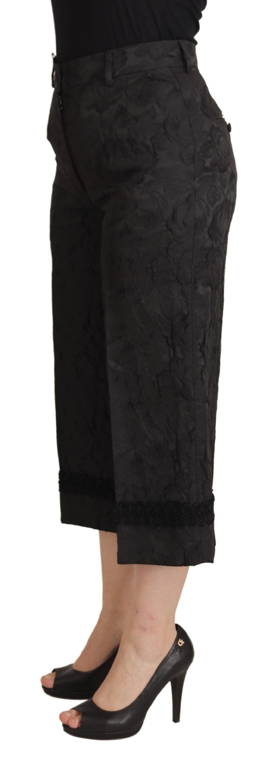 New Dolce & Gabbana Black Brocade Cropped High Waist Pants