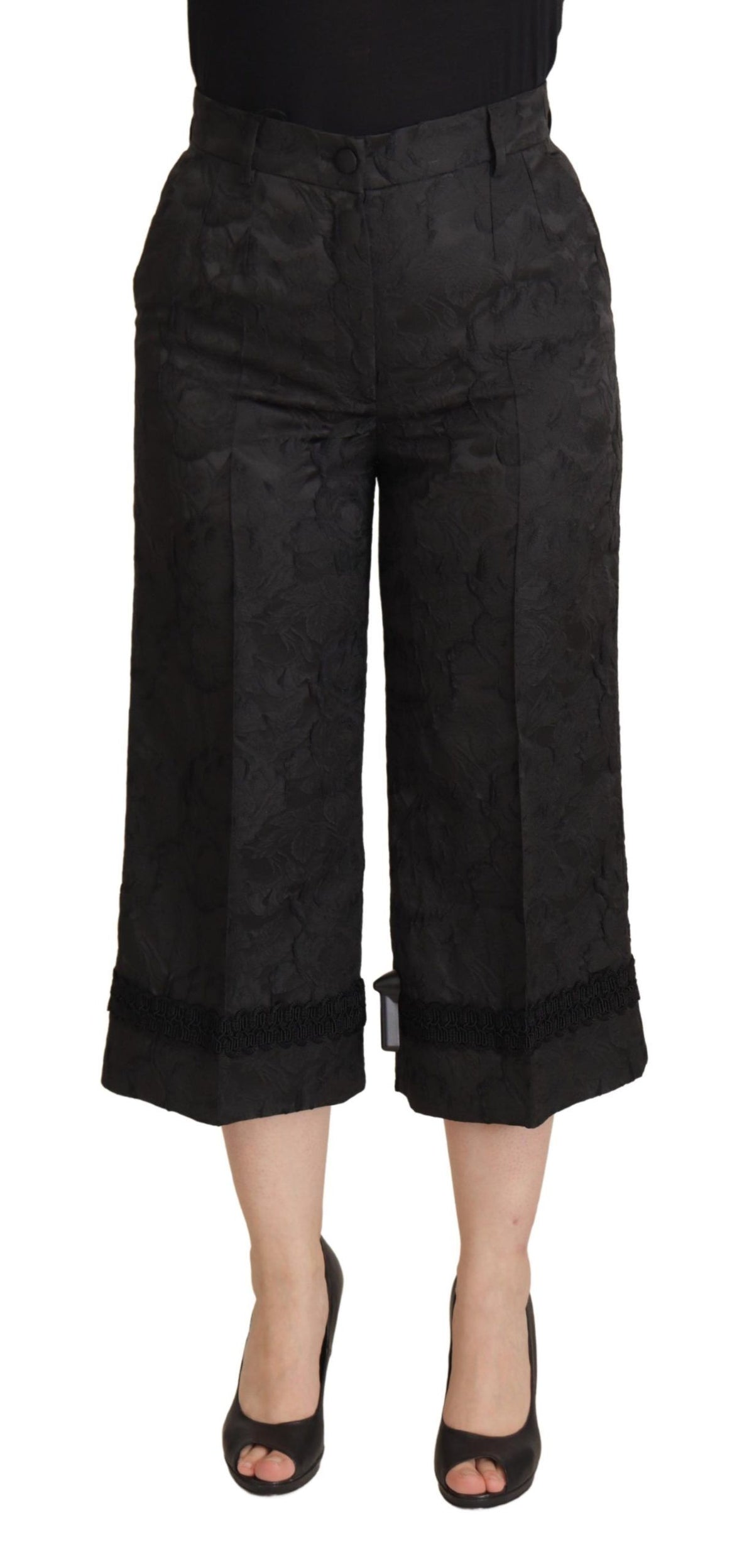 New Dolce & Gabbana Black Brocade Cropped High Waist Pants