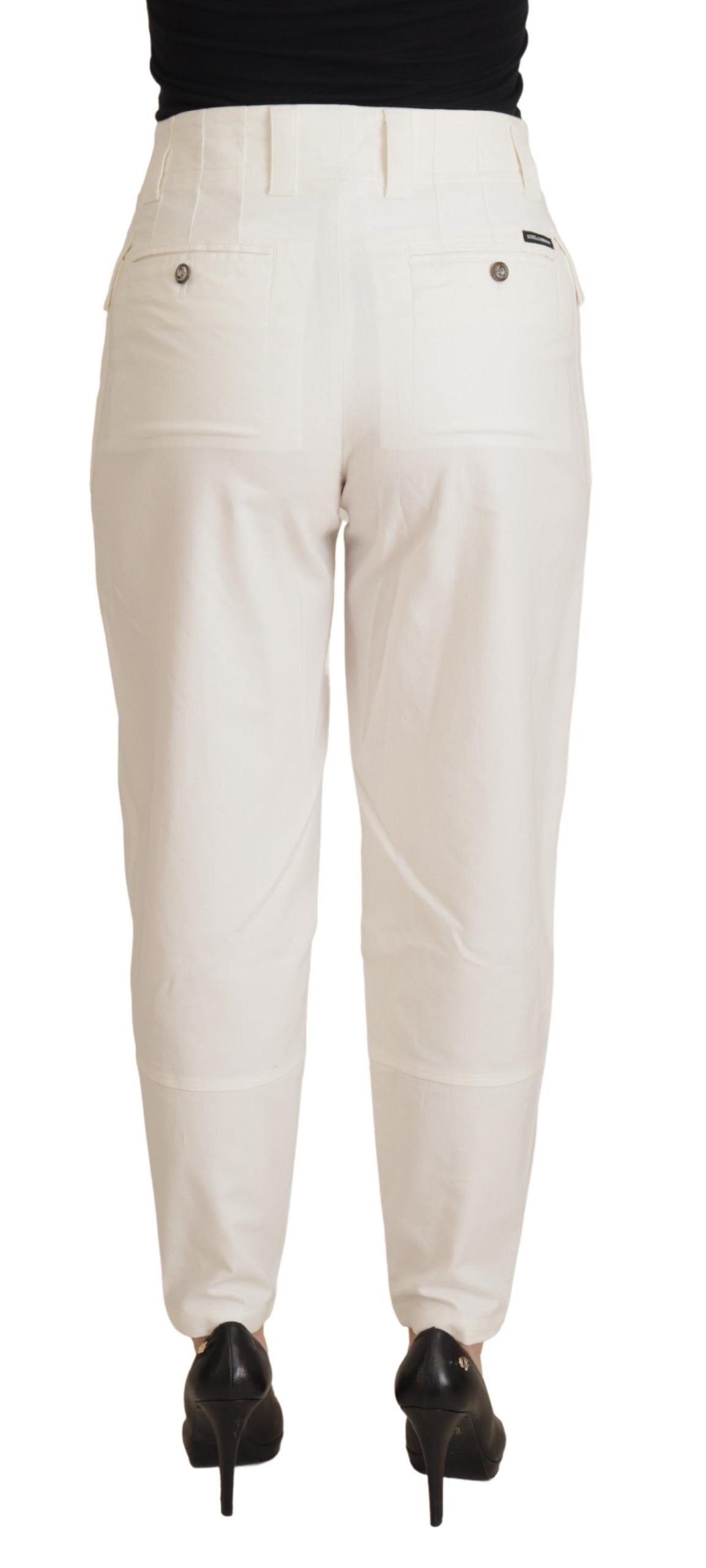 New Dolce & Gabbana White High Waist Tapered Women Cotton Pants