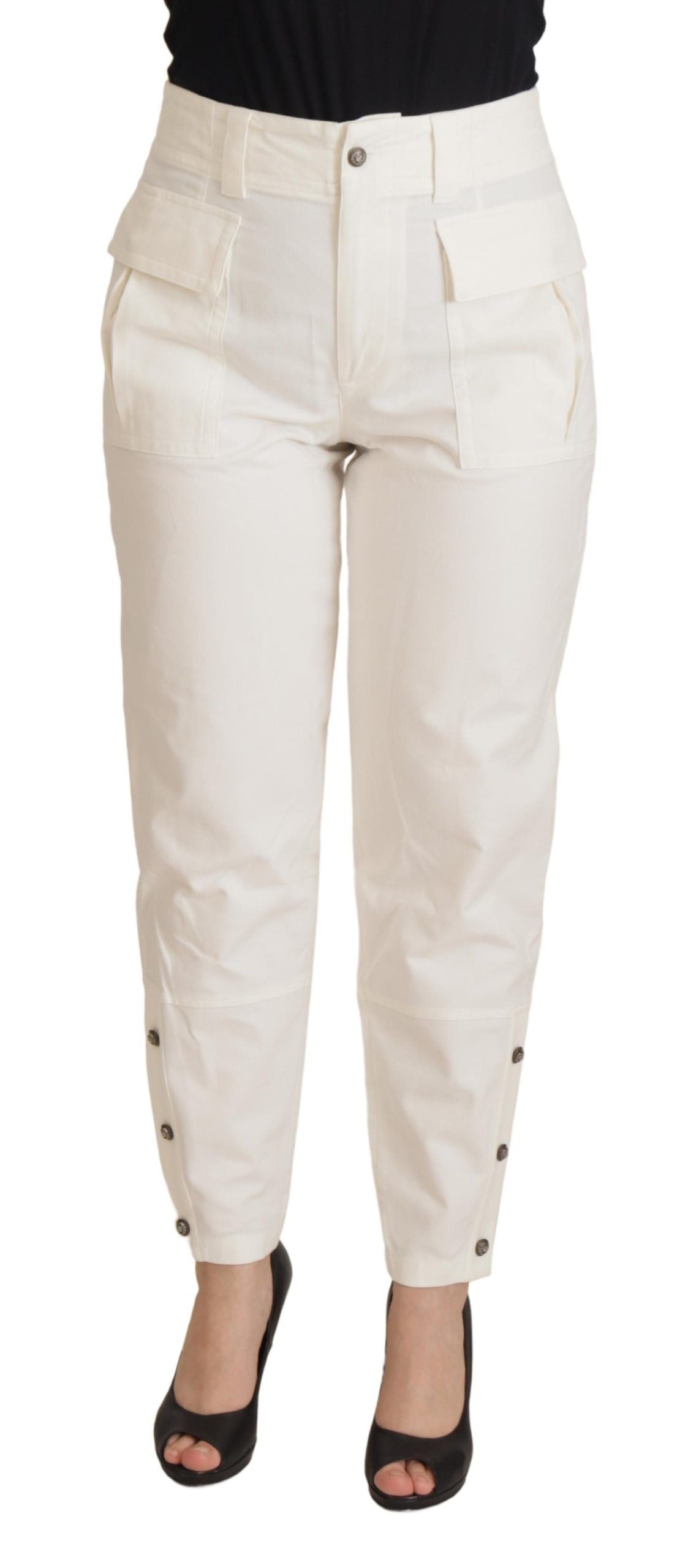 New Dolce & Gabbana White High Waist Tapered Women Cotton Pants